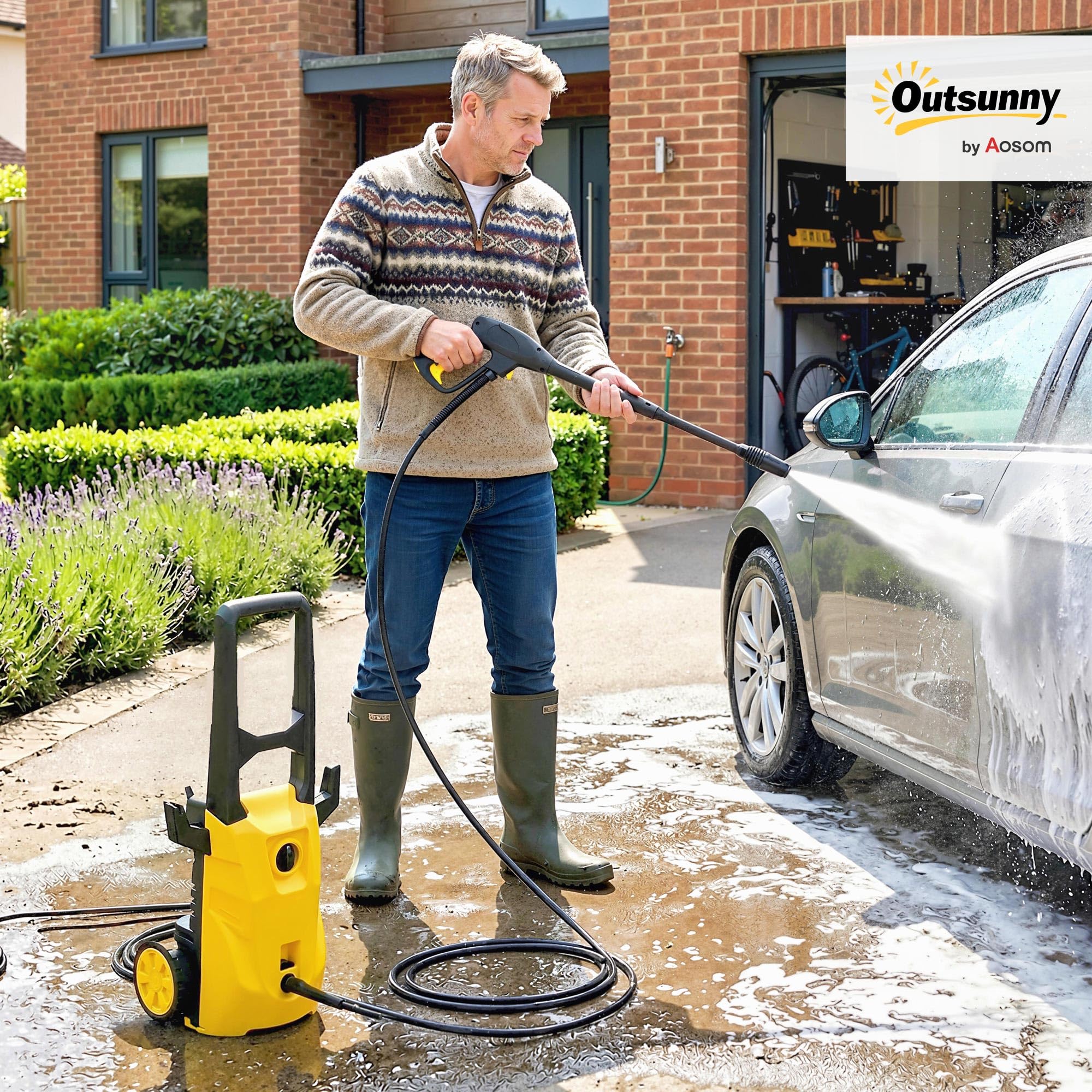 Outsunny Idropulitrice ad Alta Pressione 1600W con Ugello Regolabile e Kit di Pulizia, Professionale in Rame e Alluminio, 120 Bar, Portata Massima 390 l/h, per Auto, Patio e Casa, Giallo