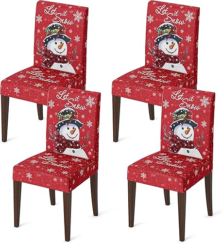 Horaldaily 4PCS Christmas Dining Chair Covers, Snowman Red Stretch Removable Washable Slipcover Chair Protector for Dining Room Home Decor