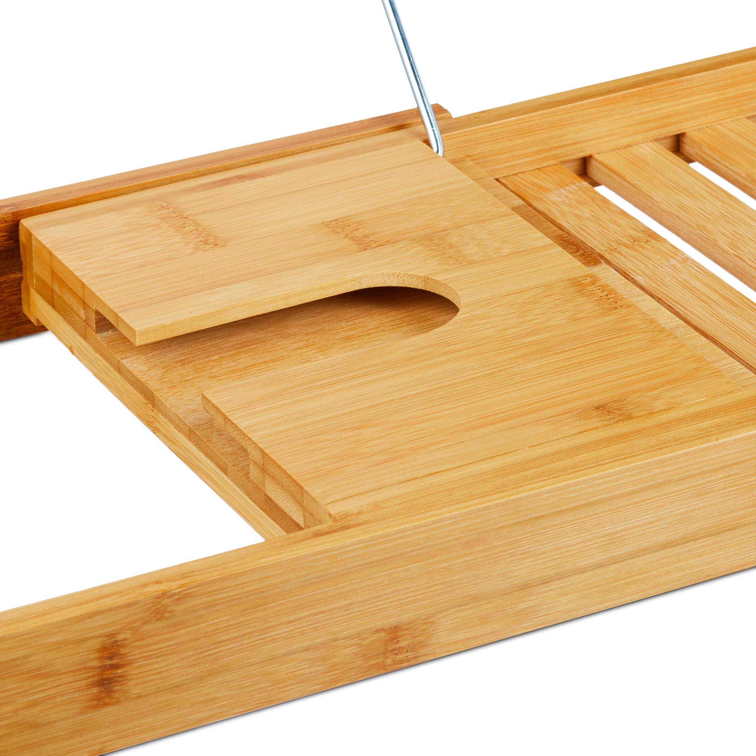 Relaxdays 10020319 Pont de baignoire extensible en bambou tablette de bain porte-savon réglable porte-HxlxP: 17-5 x 70 x 22 cm -verre- nature