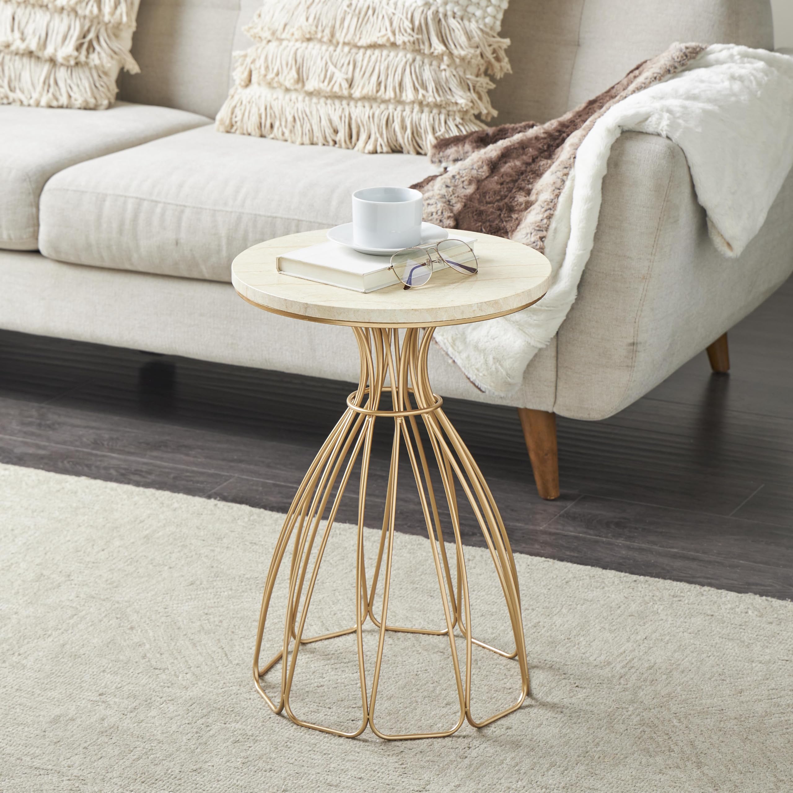 Deco 79 Metal Side End Accent Table Flower Inspired End Table with Cream Marble Tabletop, Side Table 16" x 16" x 22", Gold
