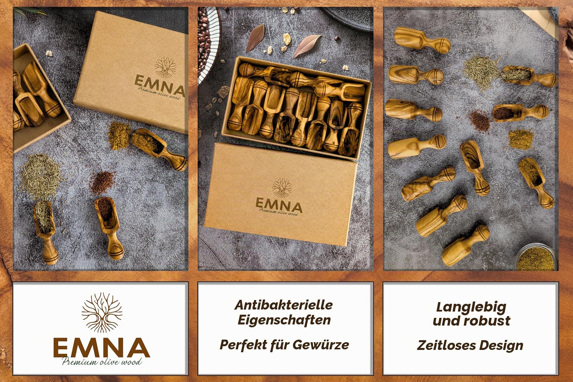 EMNA - 11 Mini Schäufelchen aus exklusivem Olivenholz, Extra Klein ca. 6 cm, edler Geschenk-Box, Gewürz-Schaufel, Dosier-Löffel, Geschenke-Idee für anspruchsvolle Feinschmecker Salz-Schippchen Unikat