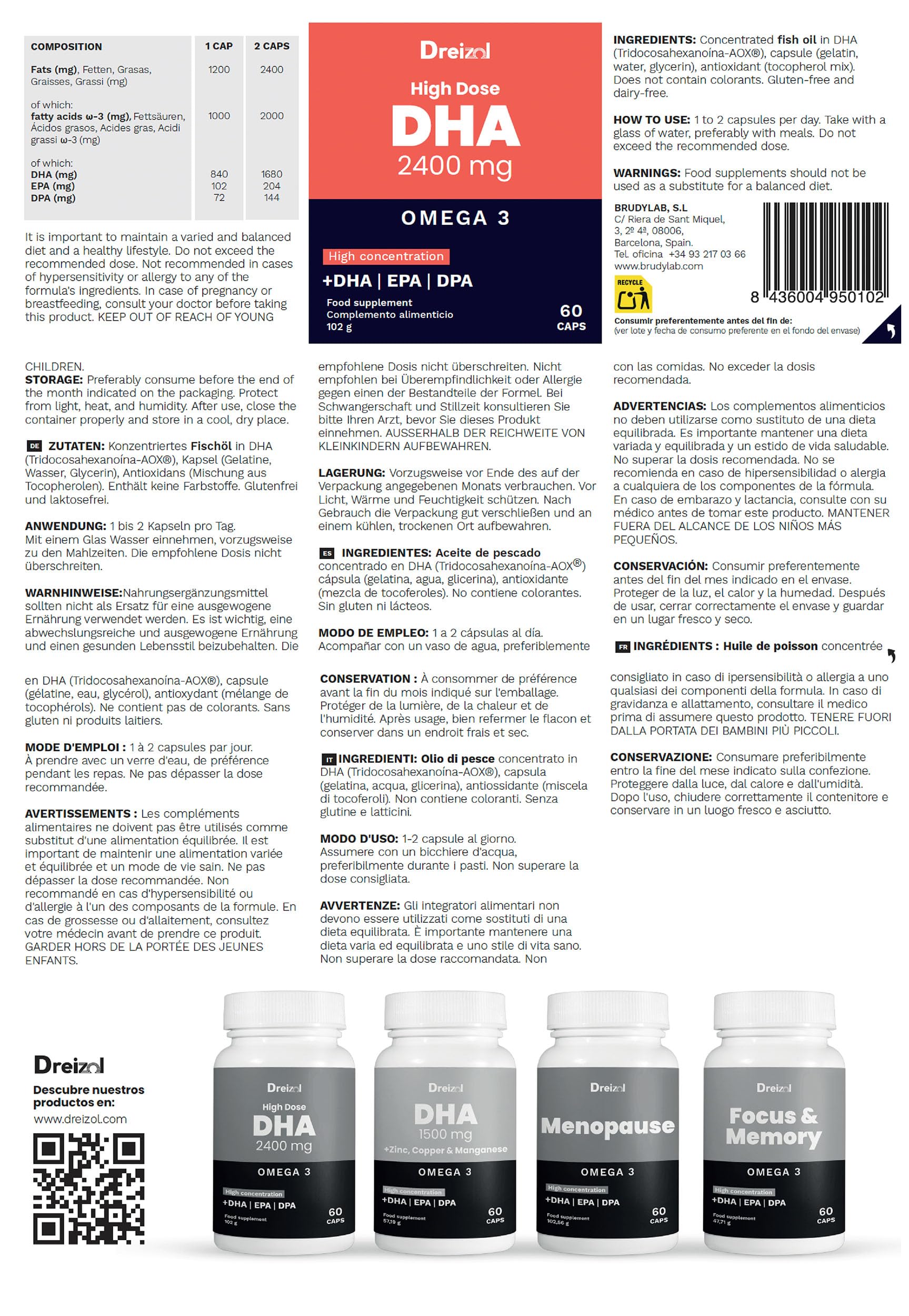 by Brudy Lab - Omega 3 2400 mg DHA High Dose – Cápsulas con DHA, EPA y DPA en Triglicéridos - Aceite de Pescado Concentrado - 60 Cápsulas