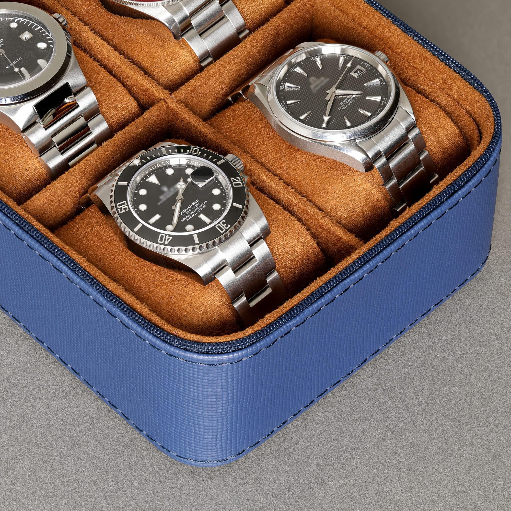 ROTHWELL Étui de voyage pour 5 montres, Ecrins pour montres - Protection robuste et portable avec fermeture éclair - S'adapte à toutes les montres jusqu'à 50 mm (BleuBeige)