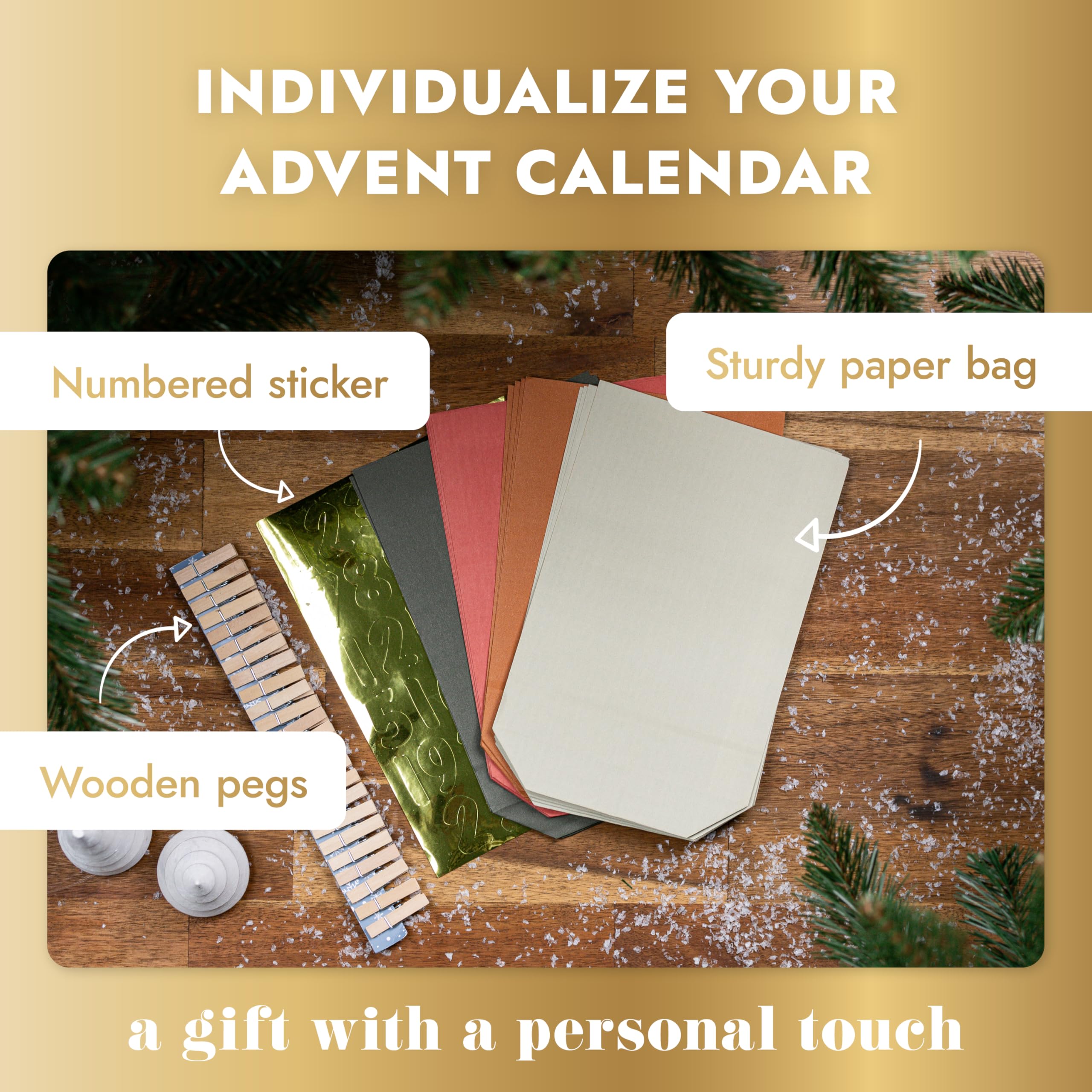 AMARI Advent Calendar for Filling, 24 Paper Advent Bags (with Wooden Clips) for Crafts for Christmas - Image 4