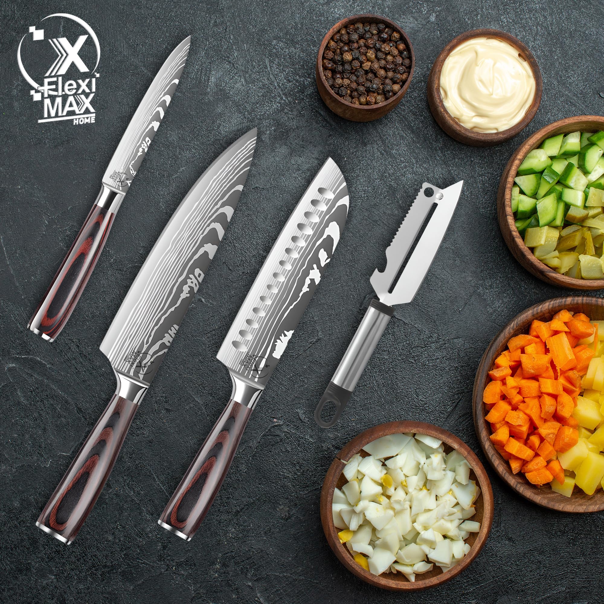 couteau cuisine couteaux de cuisine de Couteaux Chef 8”, Santoku 7”, Utilitaire 5” et Éplucheur couteau de cuisine