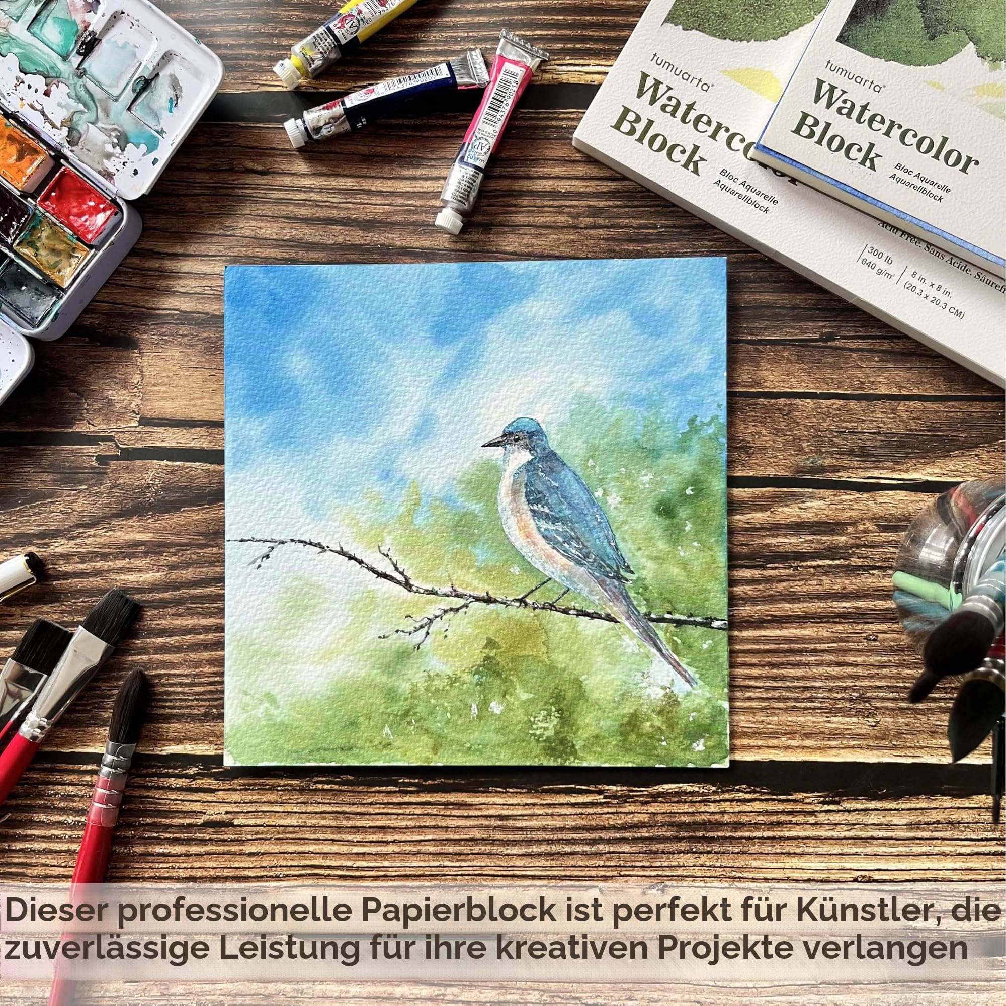tumuarta 640 GSM Aquarell Papier block, 100% Baumwolle, 10 Blatt, säurefrei, kaltgepresst, Mediaskizzenbücher für Wasserfarben, Acryl und weitere trockene und nasse Medien (20.3x20.3 CM)