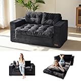 MAXYOYO Convertible Sofa Bed, Pull Out Loveseat Sleeper Sofa, 2 in 1 Folding Couch Bed, Fold Out Floor Couch with Pillows for Living Room Bedroom Lounge, Black