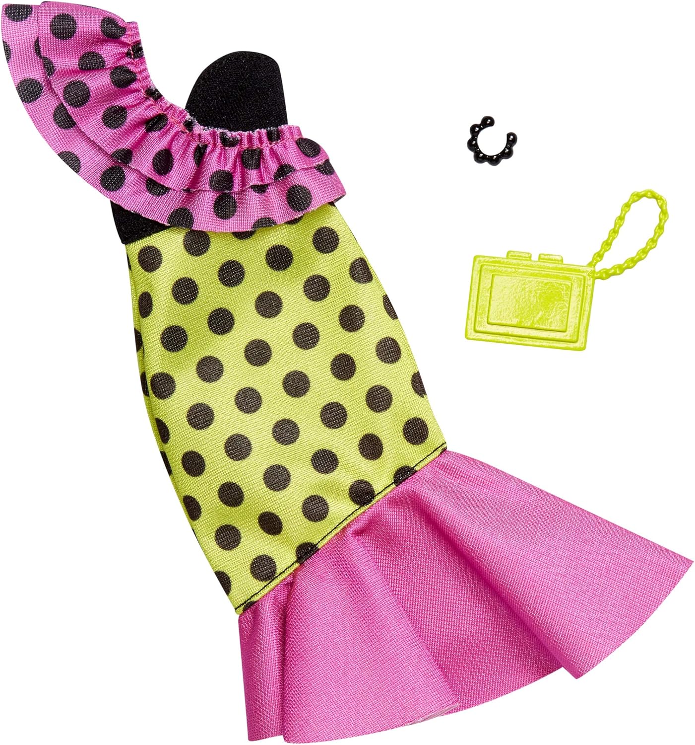 Barbie Complete Looks Doll Clothes, Outfit Dolls Featuring a Party Dress Decorated with Green and Pink Color-Blocking, Ruffles and Polka Dots, Gift for 3 to 8 Year Olds