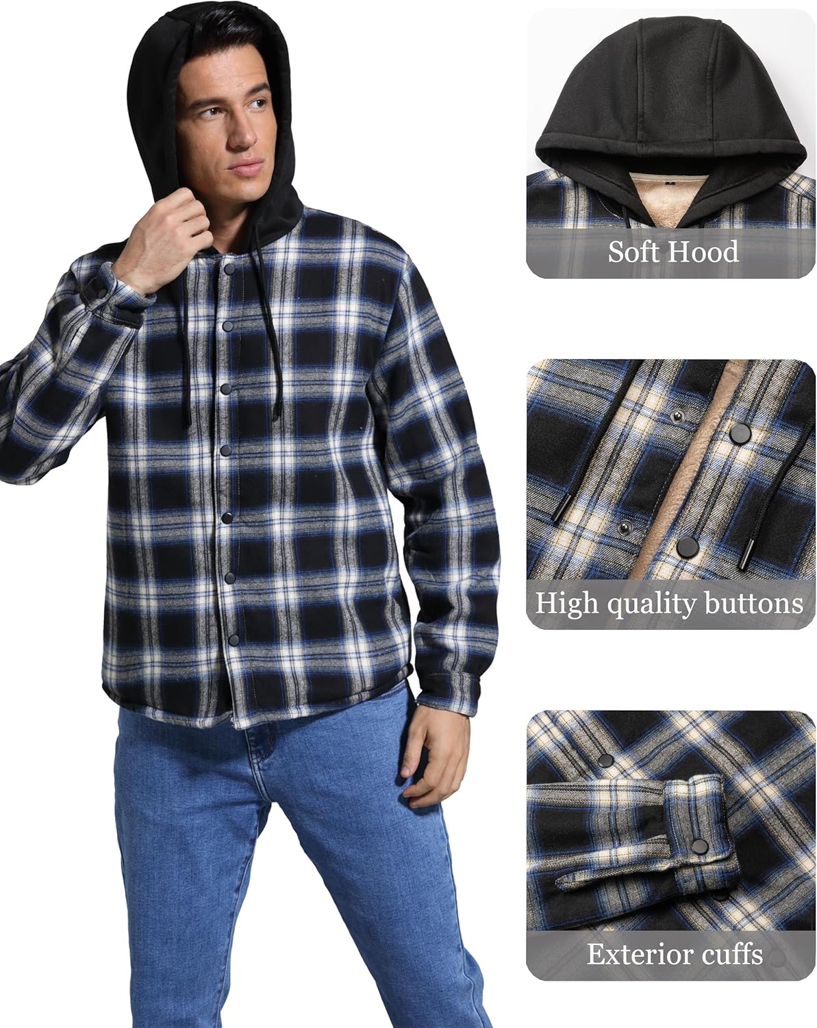 IVUMA Men's Cotton Plaid Long Sleeve Shirts Jacket Fleece Lined Flannel Shirts Sherpa Button Down Coat with Hood