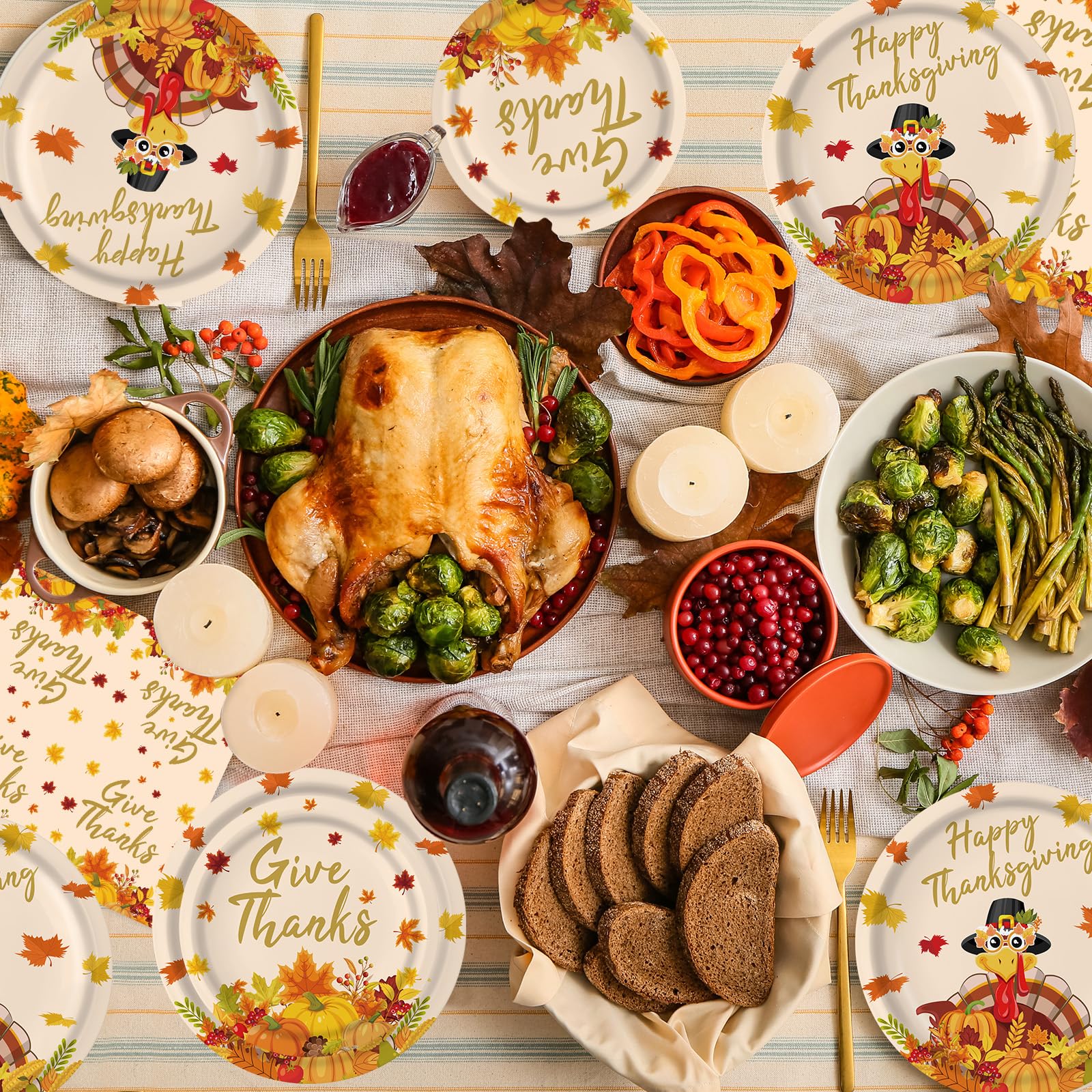 Juego de 150 platos y servilletas de Acción de Gracias – Vajilla redonda de Acción de Gracias, pavo de otoño desechable, platos de postre, vajilla para suministros de fiesta de Acción de Gracias,