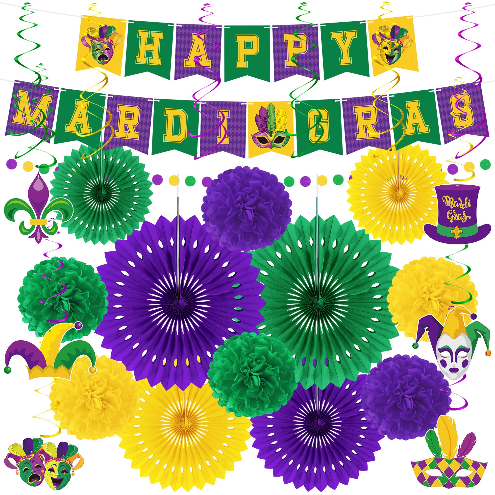 Heartome 25PCS Mardi Gras Decorations, Mardi Gras Party Favors Decor Kit with Paper POMPOM, Happy Carnival Paper Fans Banner Felt Garland, Crown Hanging Swirls for Carnival Party Parade Accessories
