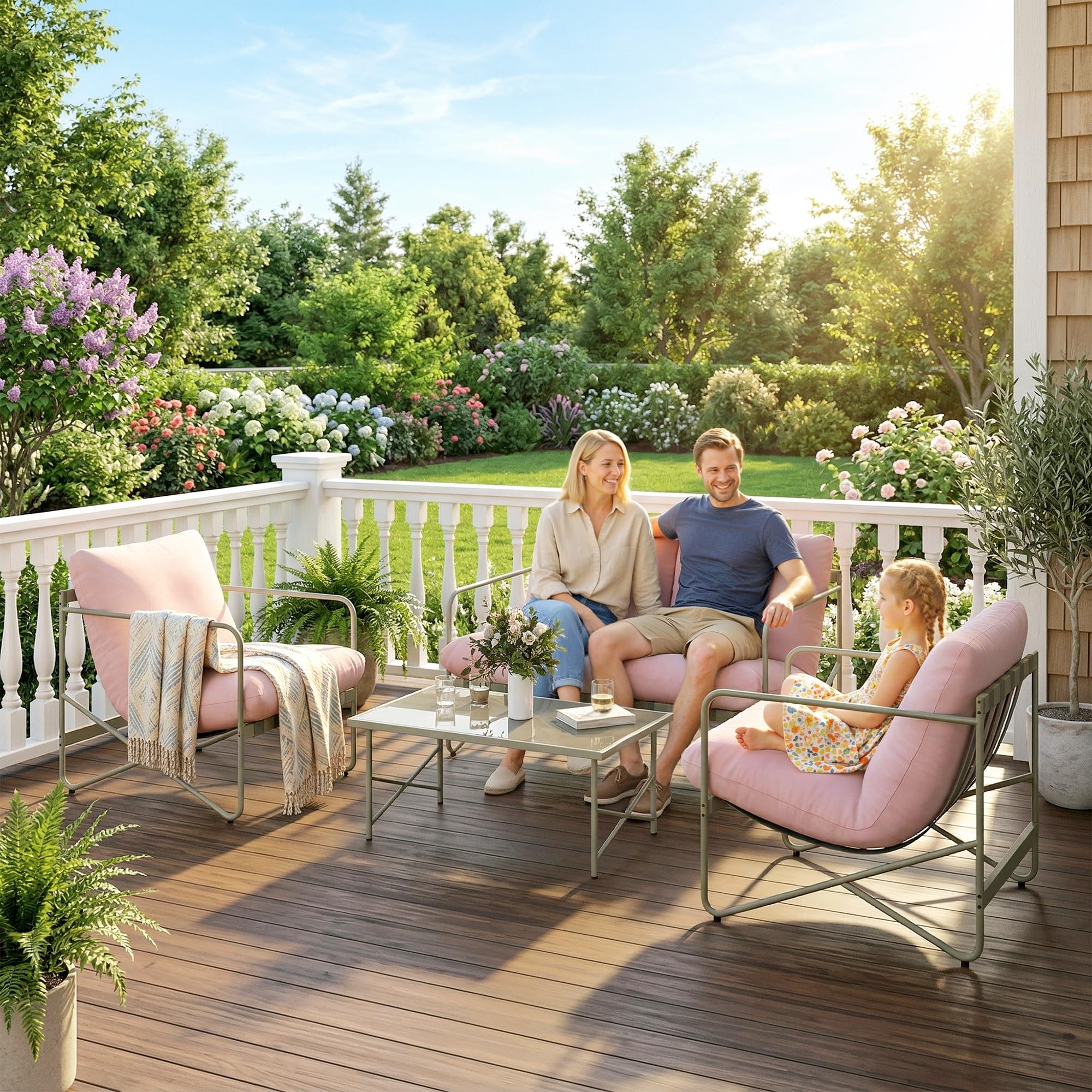 Outsunny Conjunto de Jardín Exterior de 4 Piezas con Sofá de 2 Plazas Rosa | Muebles Jardín Exterior, 2 Sillones, Mesa de Vidrio Templado, Cojines Gruesos, para Terraza