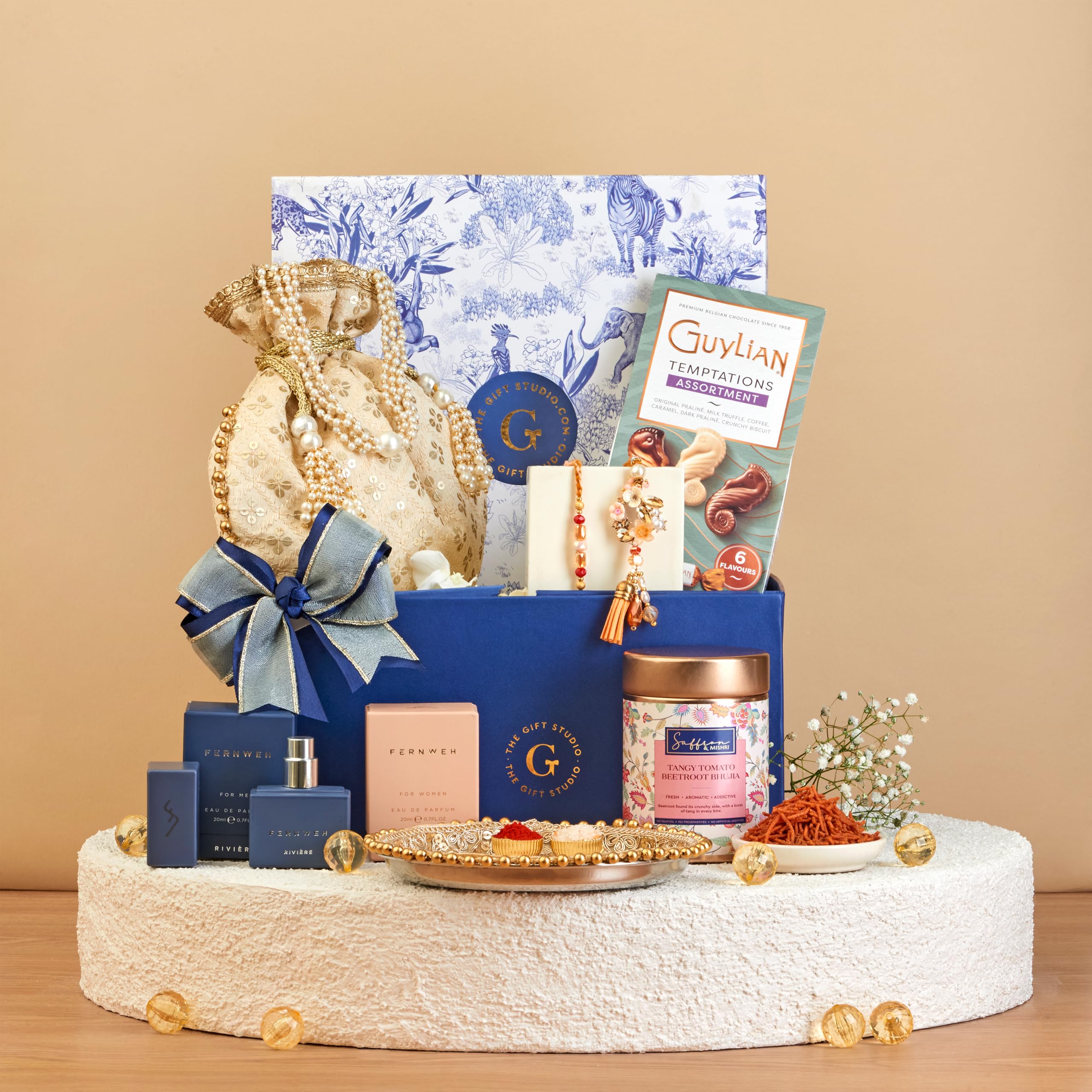 THE GIFT STUDIO.COM | Aromatic Affection Bhaiya-Bhabhi Rakhi Hamper | Floral Bhaiya Bhabhi Rakhi, Premium Perfume Duo, Belgian Chocolates & Gift Box | Raksha Bandhan Gift-picture-10