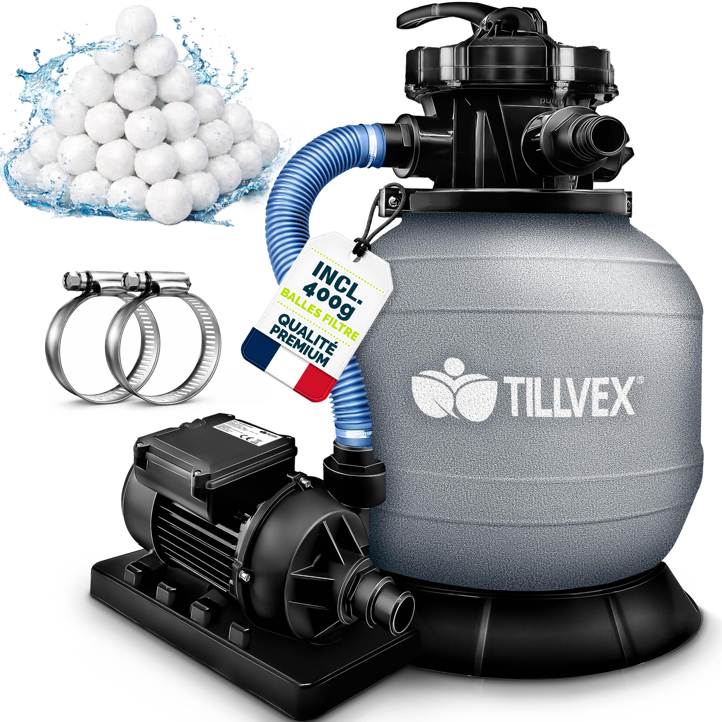 tillvex® Système de Filtre à Sable 7.900L/h + 400g Boules de Filtre | 7 Fonctions de Filtration & Adaptateur 2en1 Ø32-38mm | Filtre de piscine avec indicateur de pression (Gris)