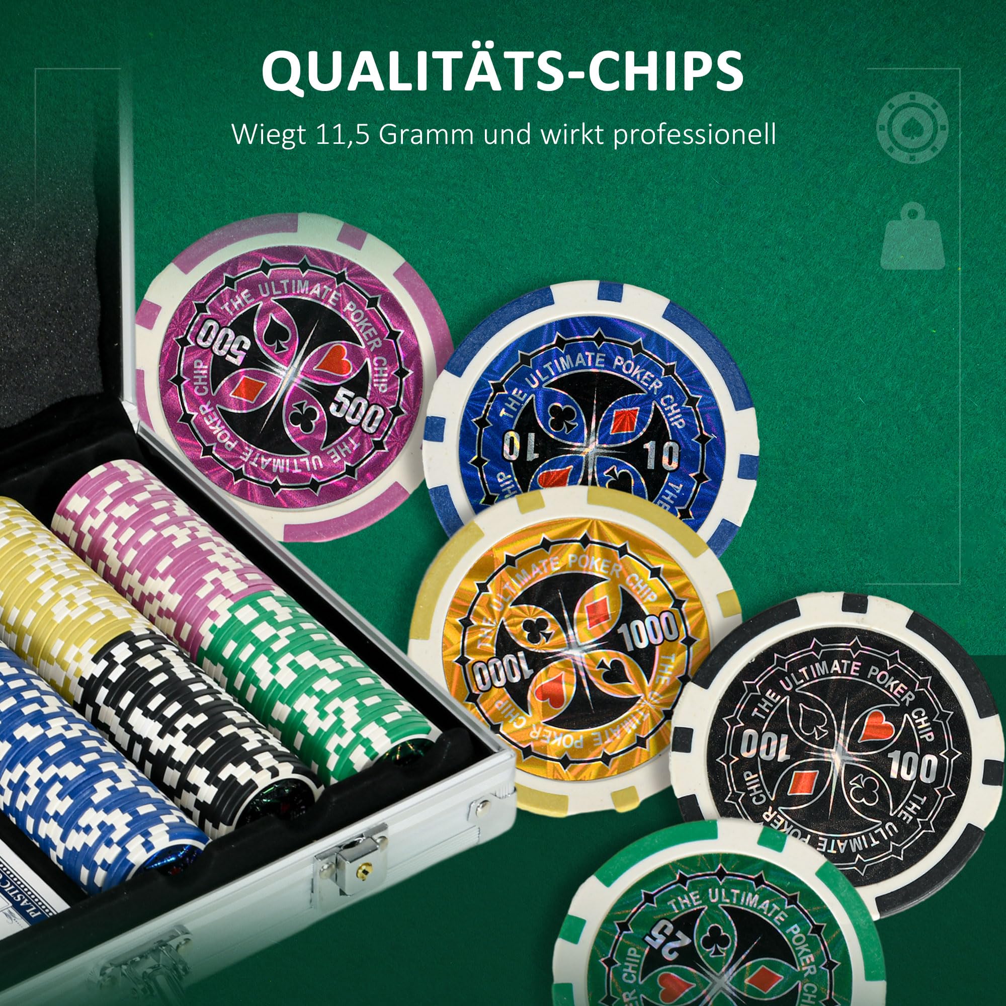SPORTNOW Pokerkoffer Set, 300 Pokerchips 11,5 Gramm, Pokerset mit Schloss, 2 Pokerdecks, 5 Würfel, 1 Dealer Button, 1 Small Blind,1 Big Blind, Silber
