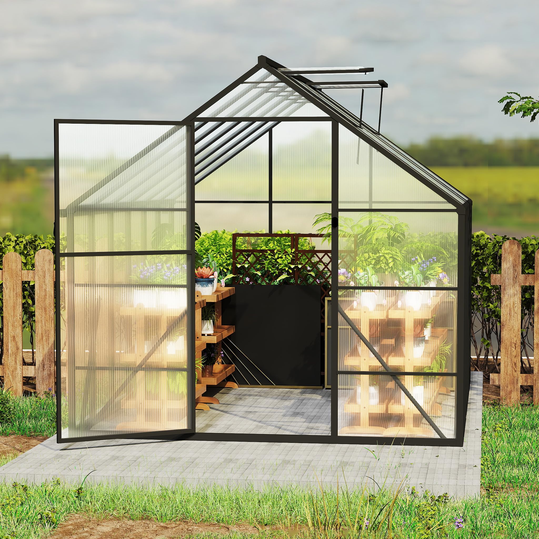 Serra in alluminio con pannelli trasparenti PC, lucernario, porta e fondazioni, 305x250x205cm Inverno Tenda da Giardinaggio accessibile, vivaio di coltivazione per giardino ed esterno