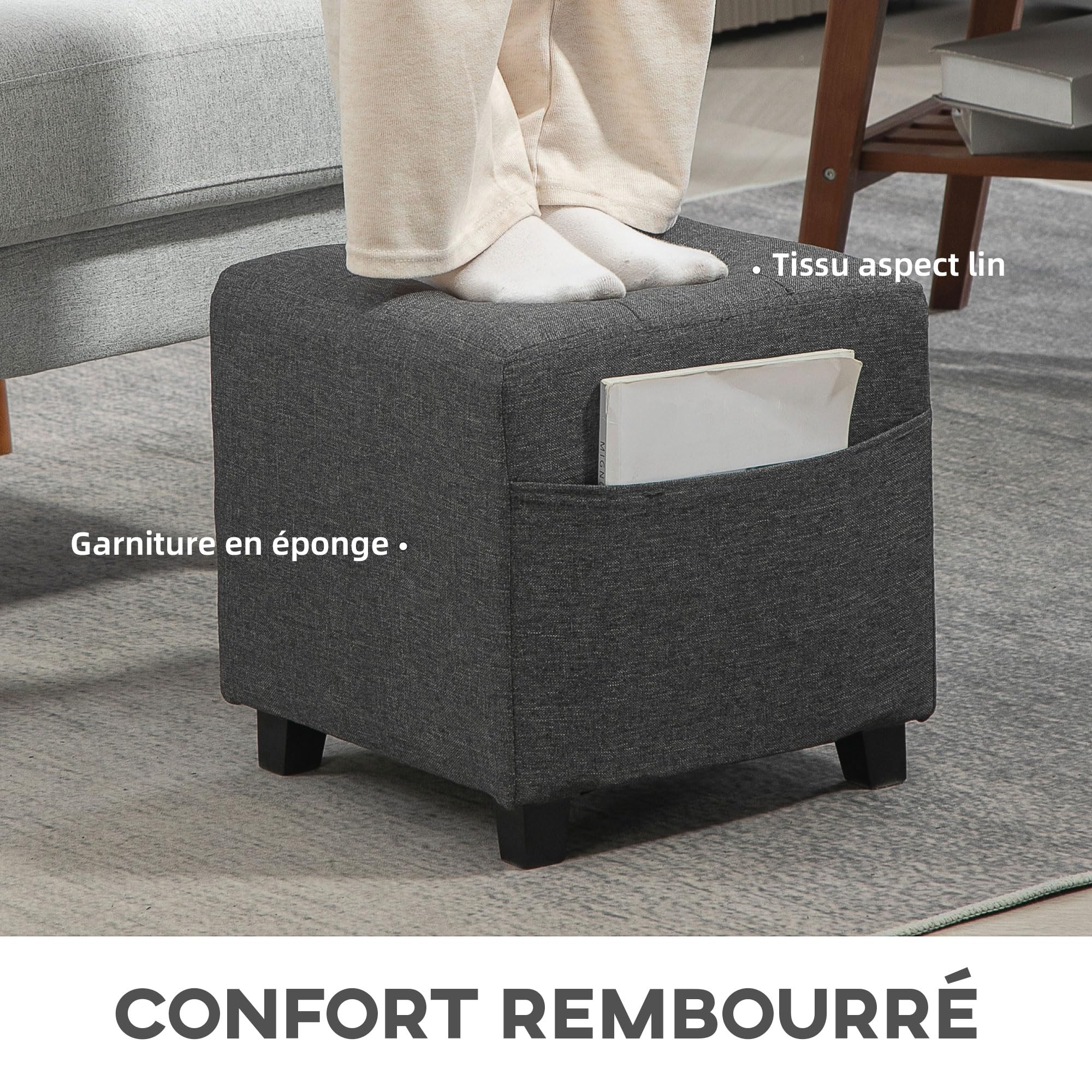 HOMCOM Poggiapiedi Soggiorno, ottomano, seduta imbottita imbottita imbottita in tessuto effetto lino, con tasca laterale, pouf soggiorno, struttura in legno, per camera da letto, ingresso, 35 x 35 x