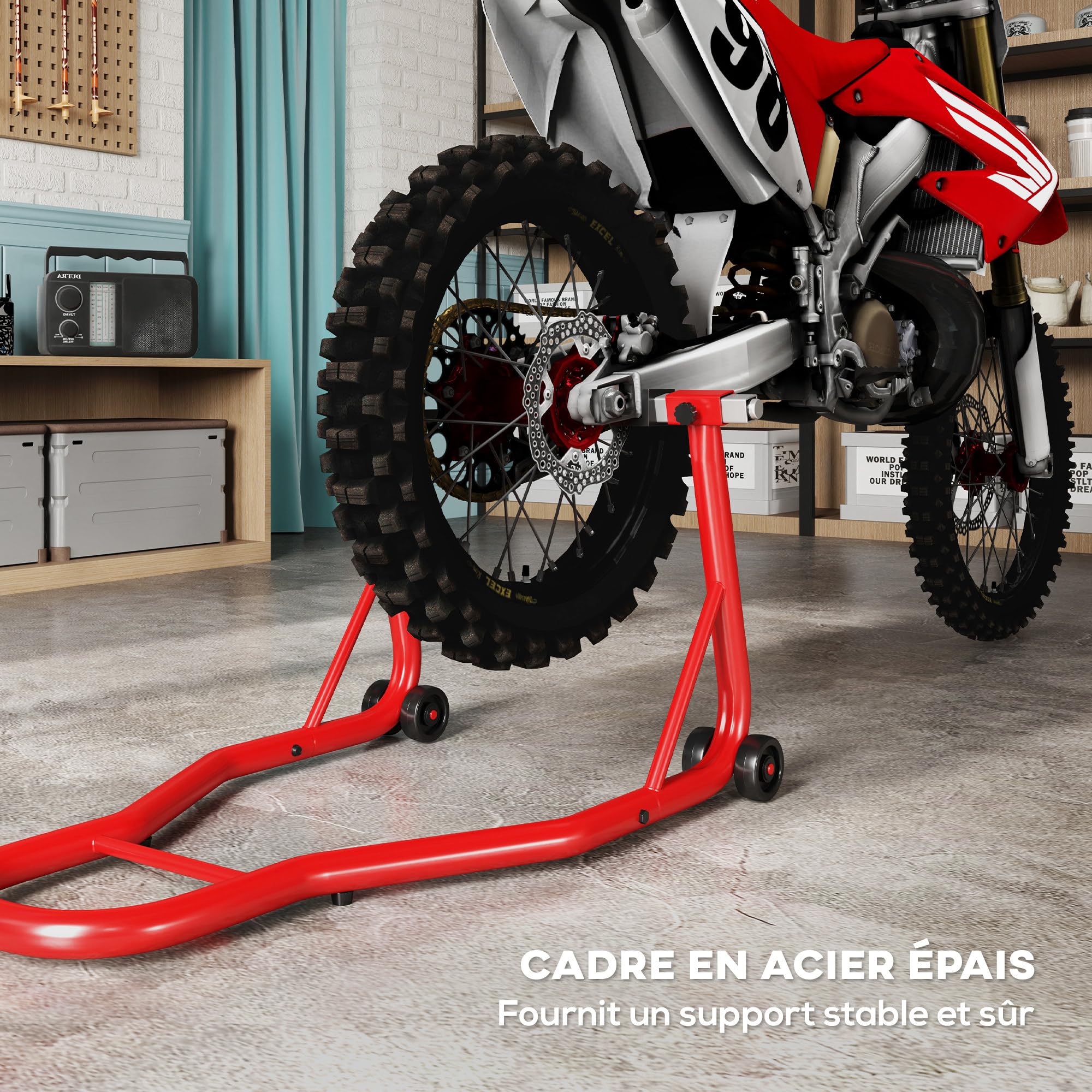 HOMCOM Béquille Moto pour Roue Arrière Charge150kg Béquille d'Atelier Rouge