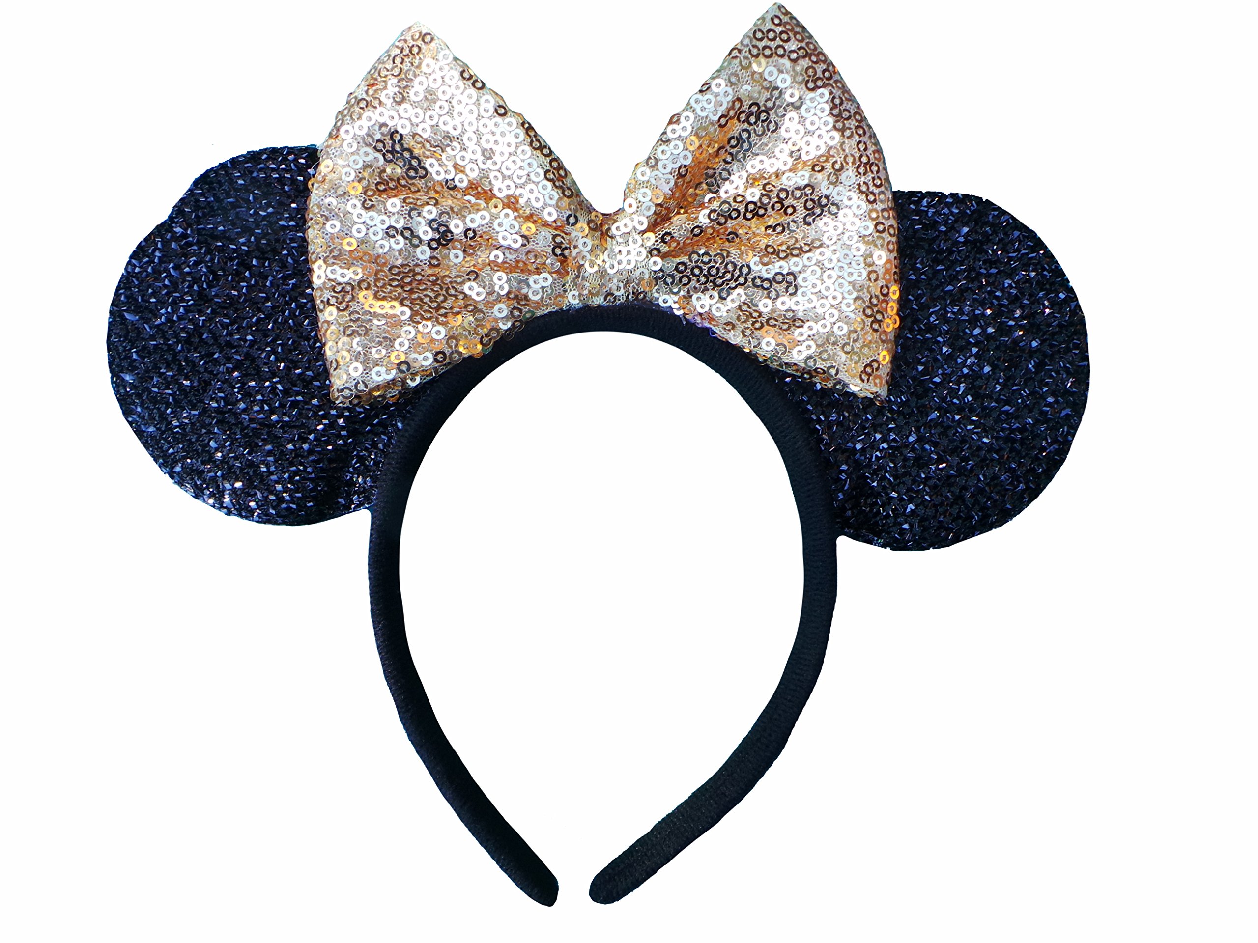 Mickey/Minnie Mouse Style Ears headband visor for boys girls, Parties Big Sparkling Bow Collection (Sparkling Gold)