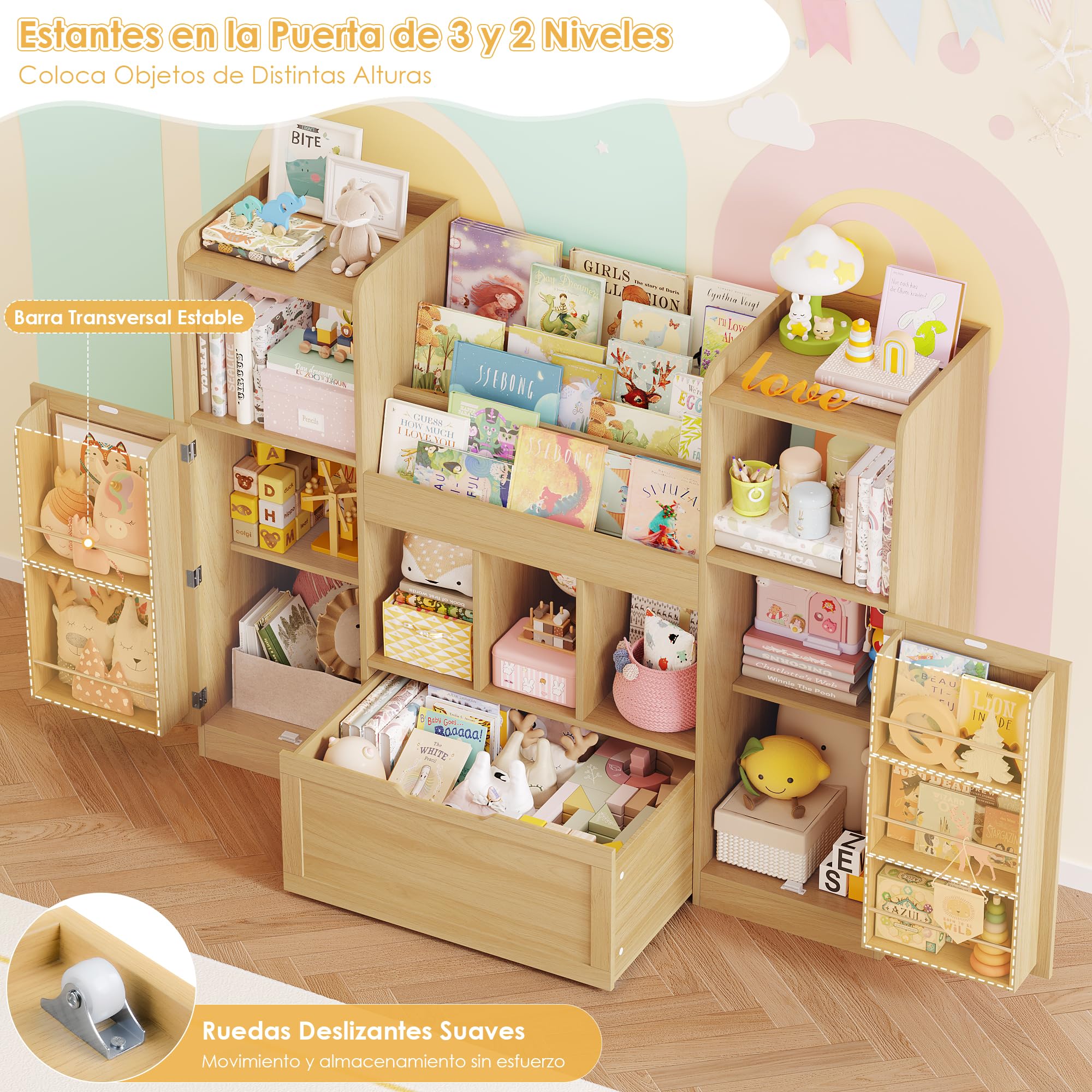 FOREHILL Organizador Juguetes, Mueble Almacenaje Juguetes, 1 Cajón, Roble | 5 Estantes para Puerta, 5 Compartimentos, 1 Estantería, 1 Cajón para Habitaciones de Juegos, 140.3x30x108.3cm