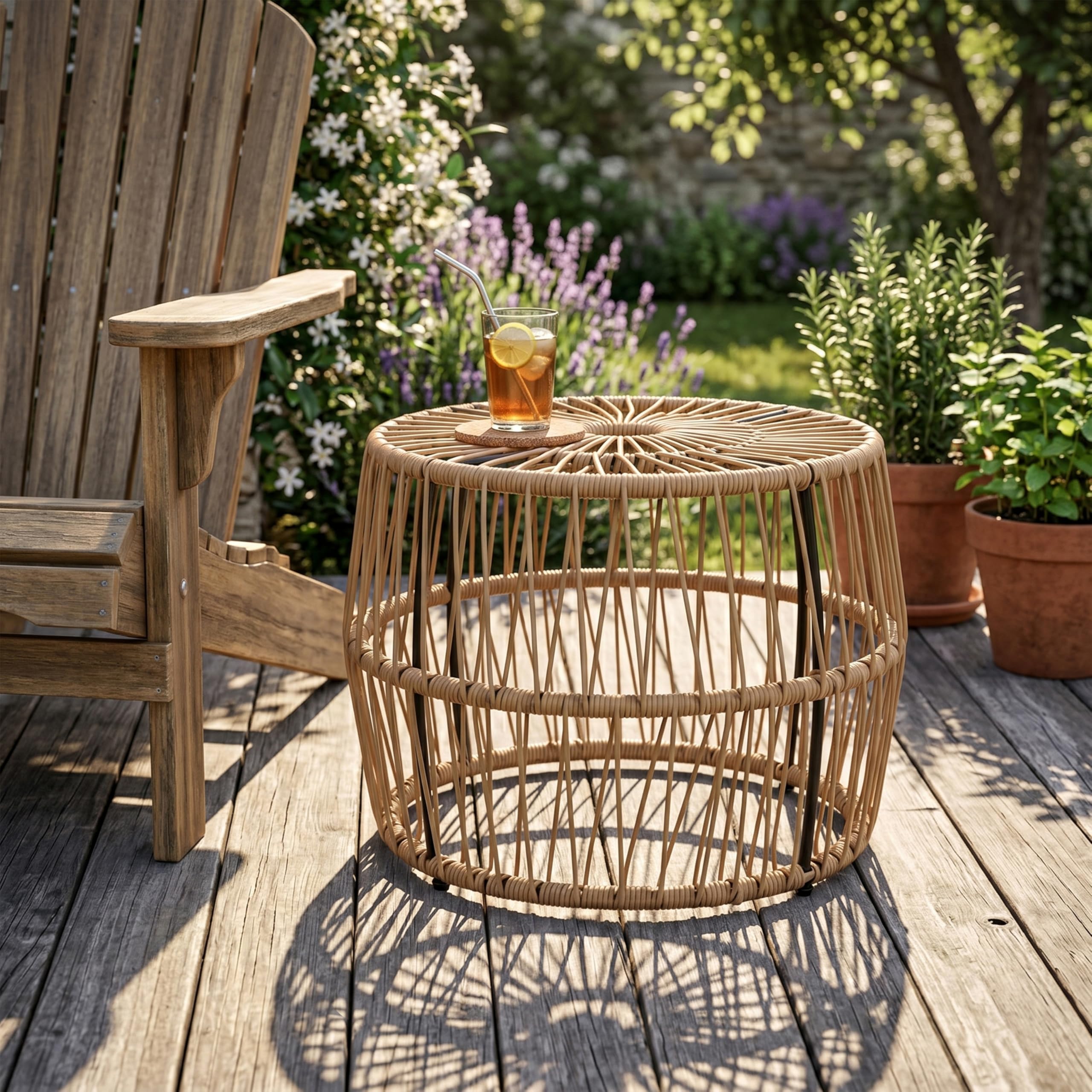 Muse & Lounge Co. Ysar Boho Rattan Runder Couchtisch Outdoor mit Metallrahmen, Allwetter und Rostbeständig, Handgefertigte Küstenmöbel für Terrasse,
