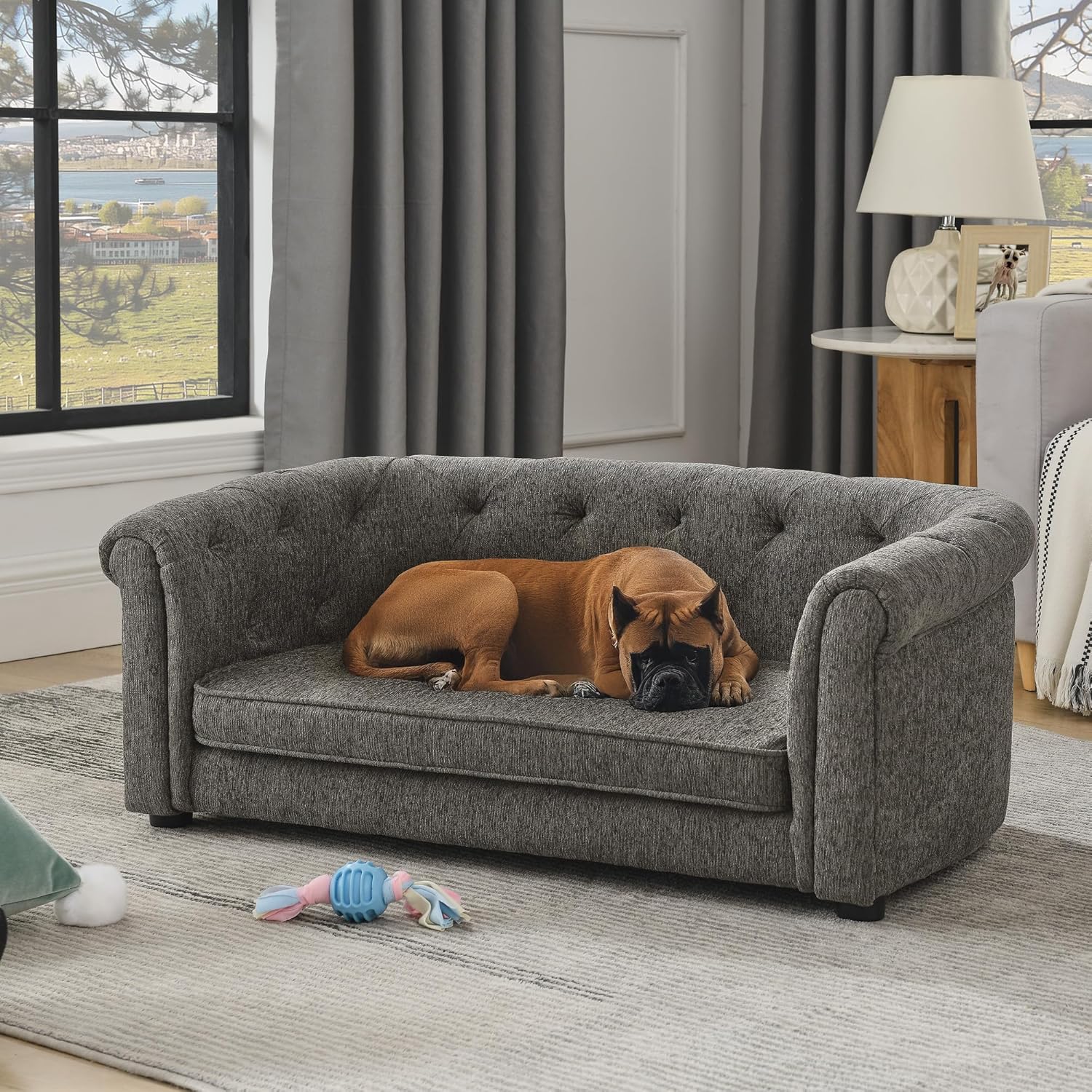 38″ Dog Sofa Bed for Large Sized Dogs Up to 60 lbs Soft Dog with Removable Washable Cover, Pet Sofa Bed Furniture for Medium and Large Dogs (Dark Grey)