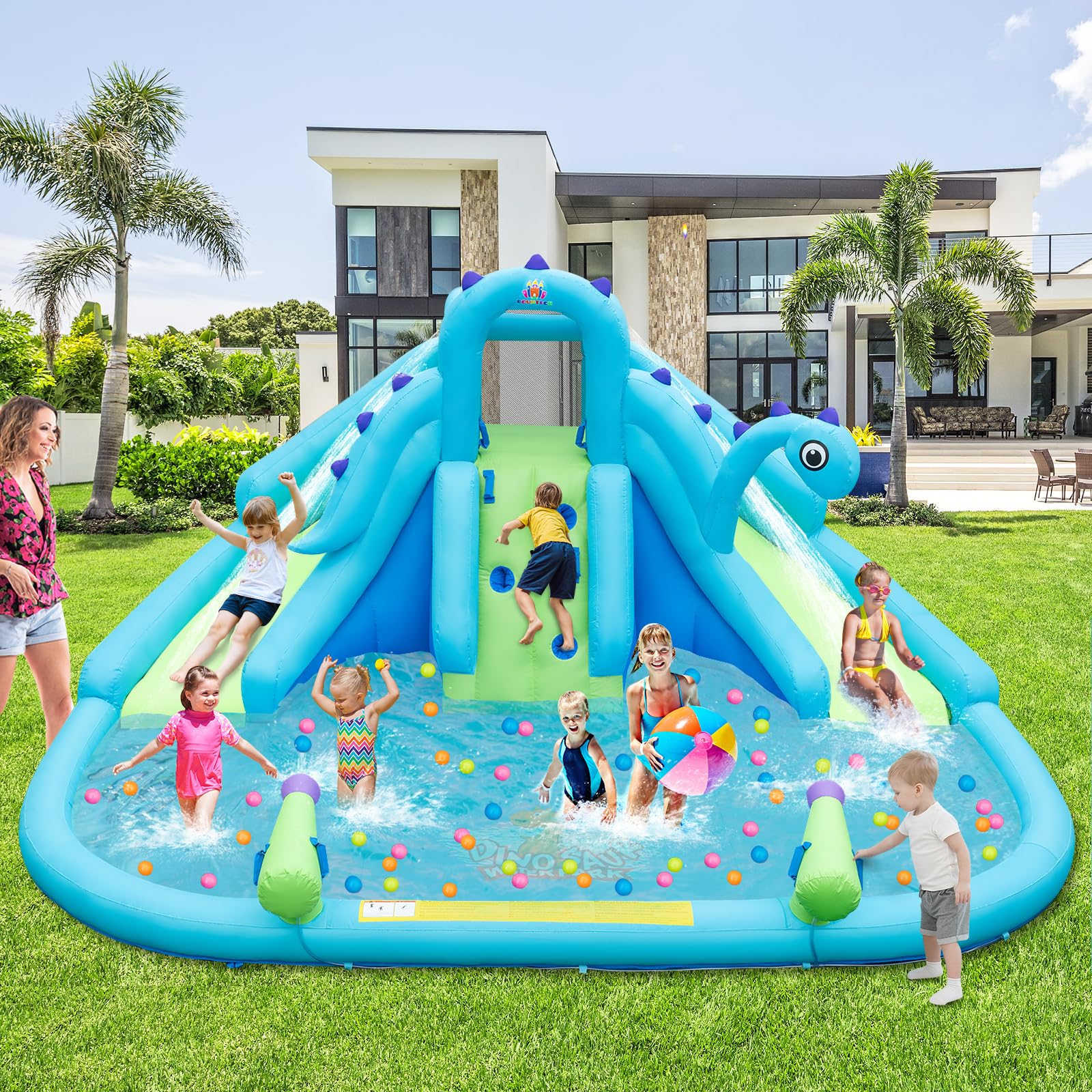 HONEY JOY Inflatable Water Slide, Dinosaur Water Bounce House Park for Kids and Adults Outdoor, Dual Slides & Splash Pool, Wet Dry Combo Blow up Waterslides Inflatable for Backyard(Without Blower)