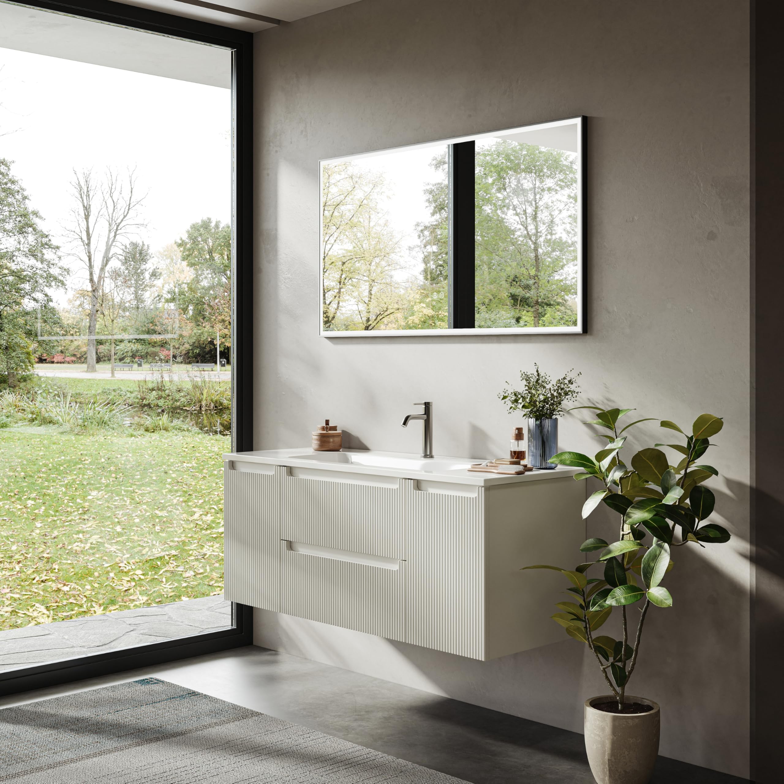 Mobile lavabo sospeso 120 cm con lavabo in resina minerale, 2 cassetti e 2 ante, ultrasottile con chiusura ammortizzata, frontale scanalato, per bagno grande, Bianco Opaco