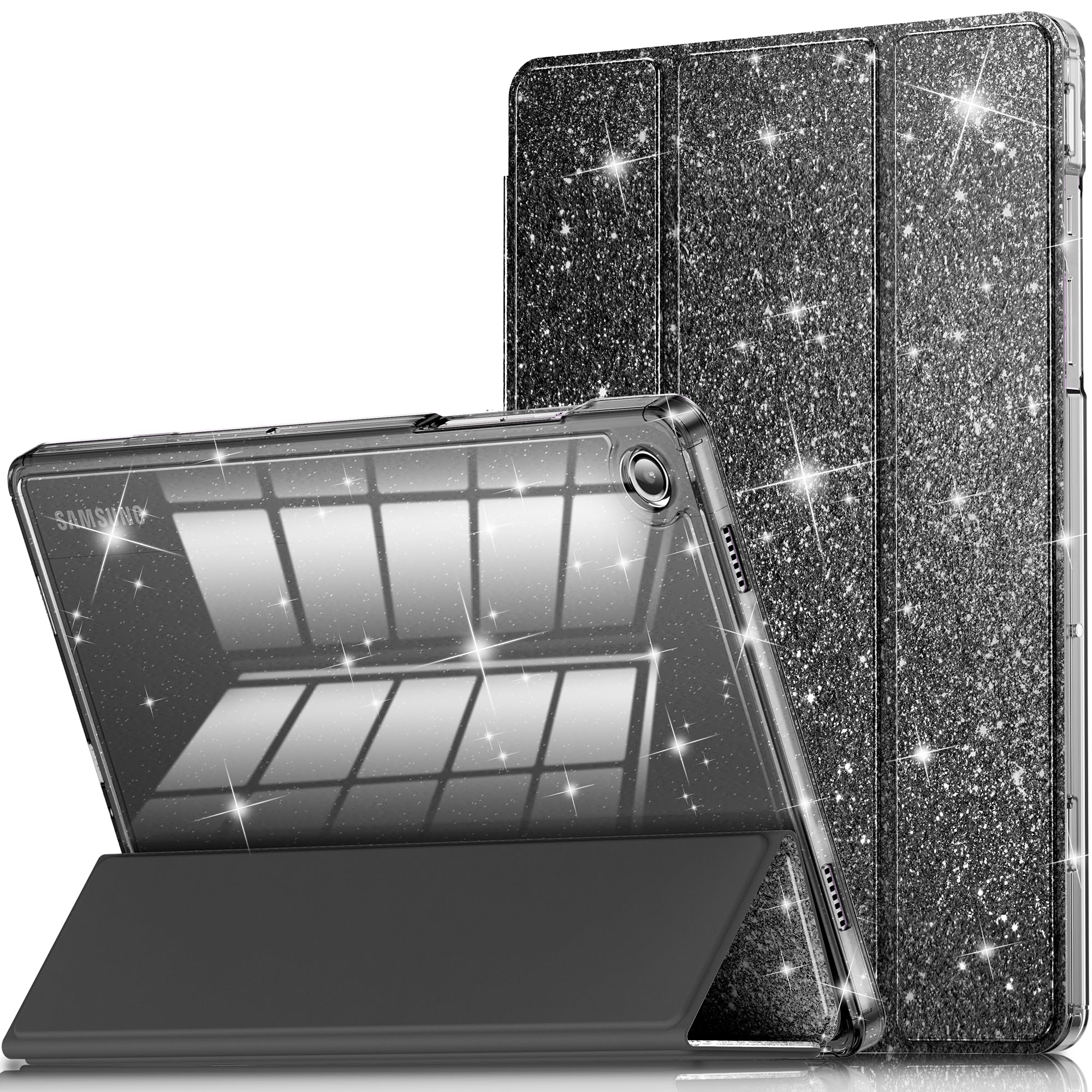 INFILAND Hülle für Samsung Galaxy Tab A11+/A9+11 Zoll (2023/2025),Glitzernde Schutzhülle mit funkelnder transparenter Rückseite für Mädchen und Kinder, Auto Schlaf/Wach (Schwarz)