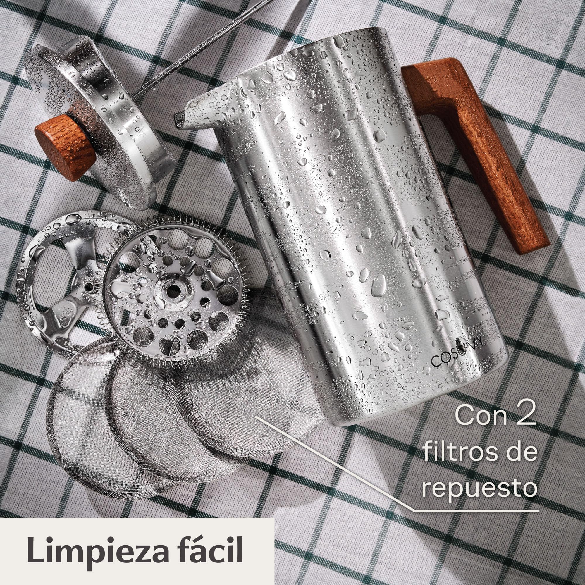 Cafetera Francesa 1L Acero Inoxidable Madera Roble Doble Pared Aislada 5 Tazas 2 Filtros