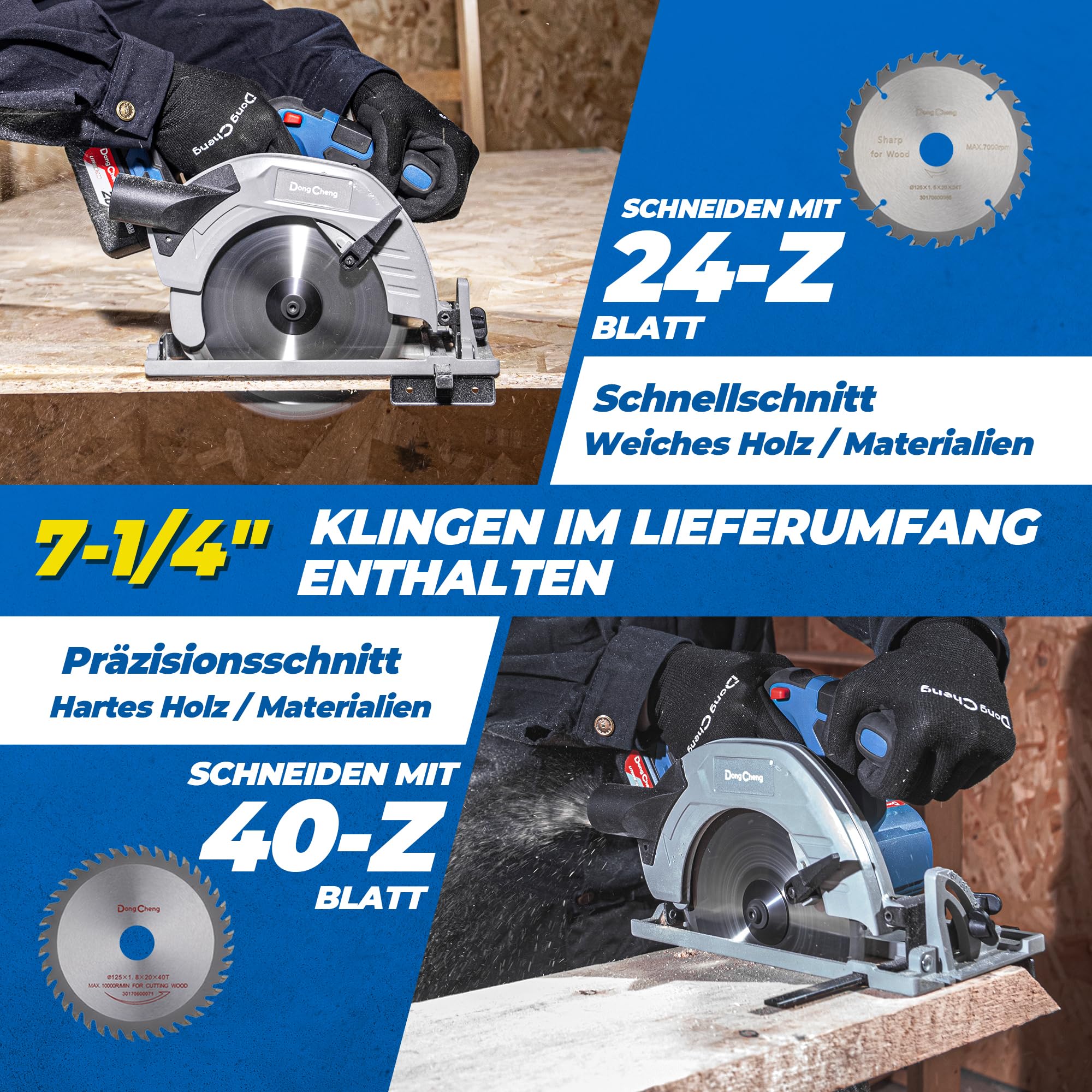 Dong Cheng 20V Sierra circular inalámbrica sin escobillas 185mm, 5000 RPM, capacidad de corte 65mm(90°)/45mm(45°), incl. 3 hojas de sierra 185x20mm, maletín de almacenamiento, batería y cargador