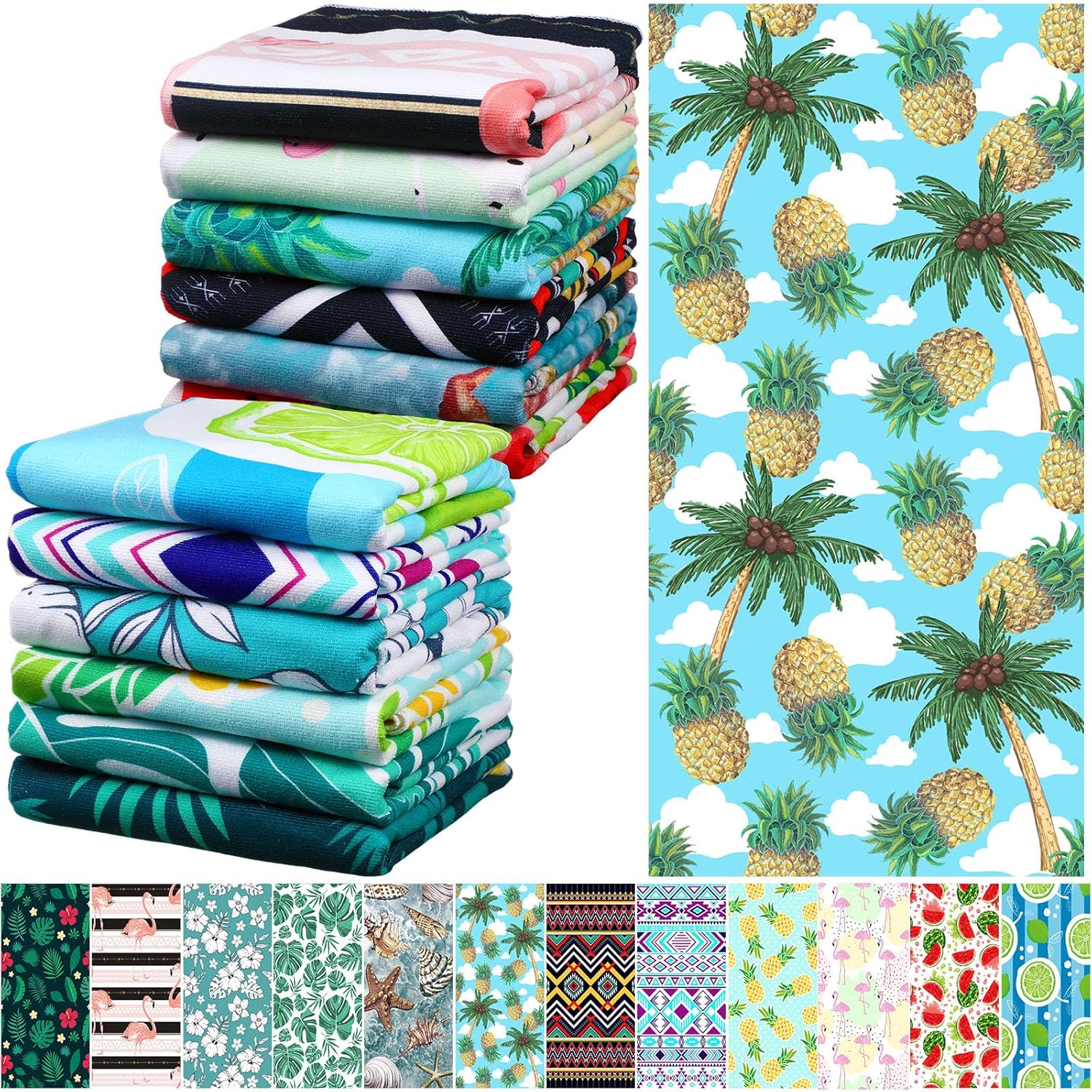 12 Pcs Oversized Microfiber Beach Towels Set 30 x 60 Extra Large Fiber Swim Pool Towel Absorbent Bath Blanket for Travel Vacation Accessories Gift Spa Soft Lightweight (Summer)