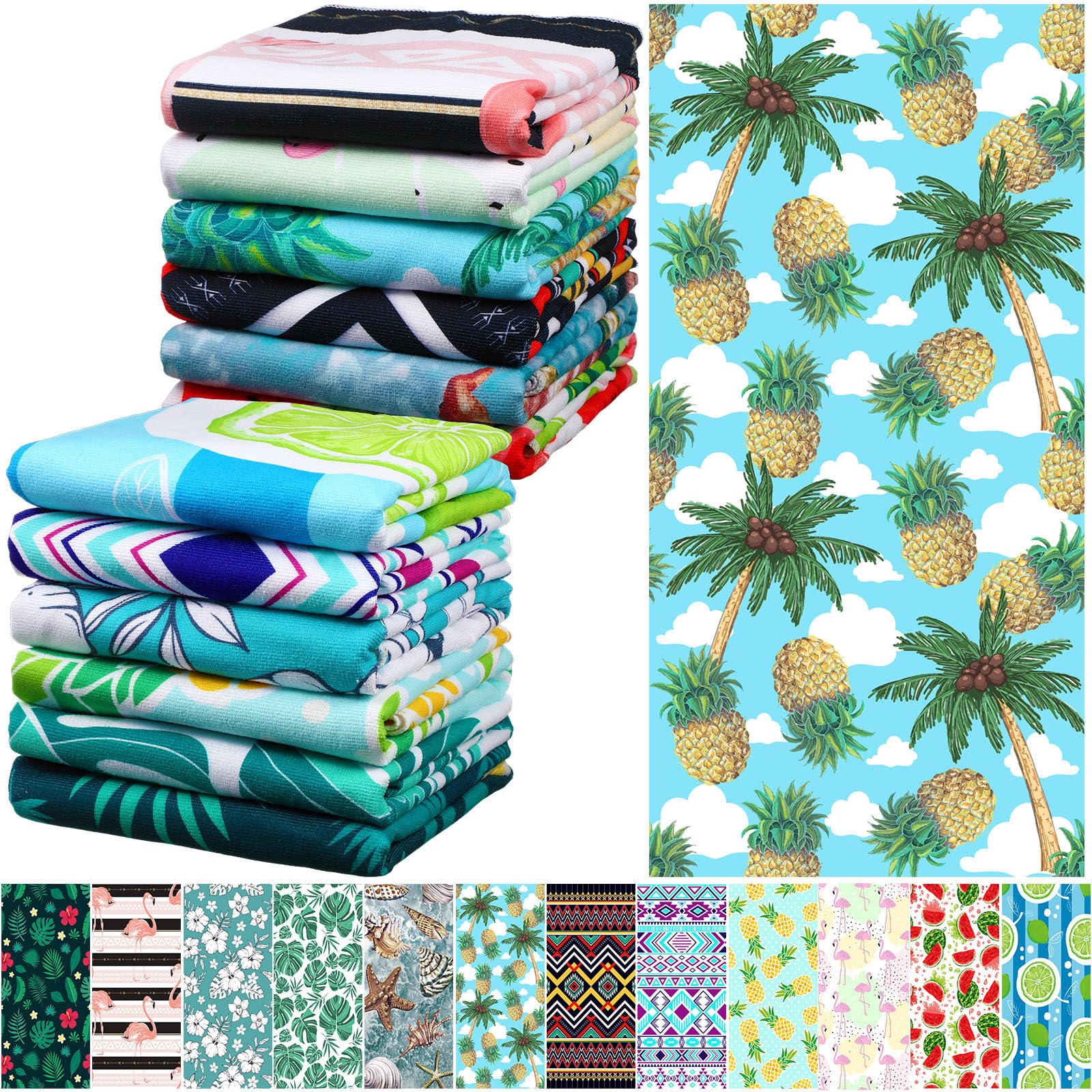 Windkream 12 Pcs Oversized Microfiber Beach Towels Set 30 x 60 Extra Large Fiber Swim Pool Towel Absorbent Bath Blanket for Travel Vacation