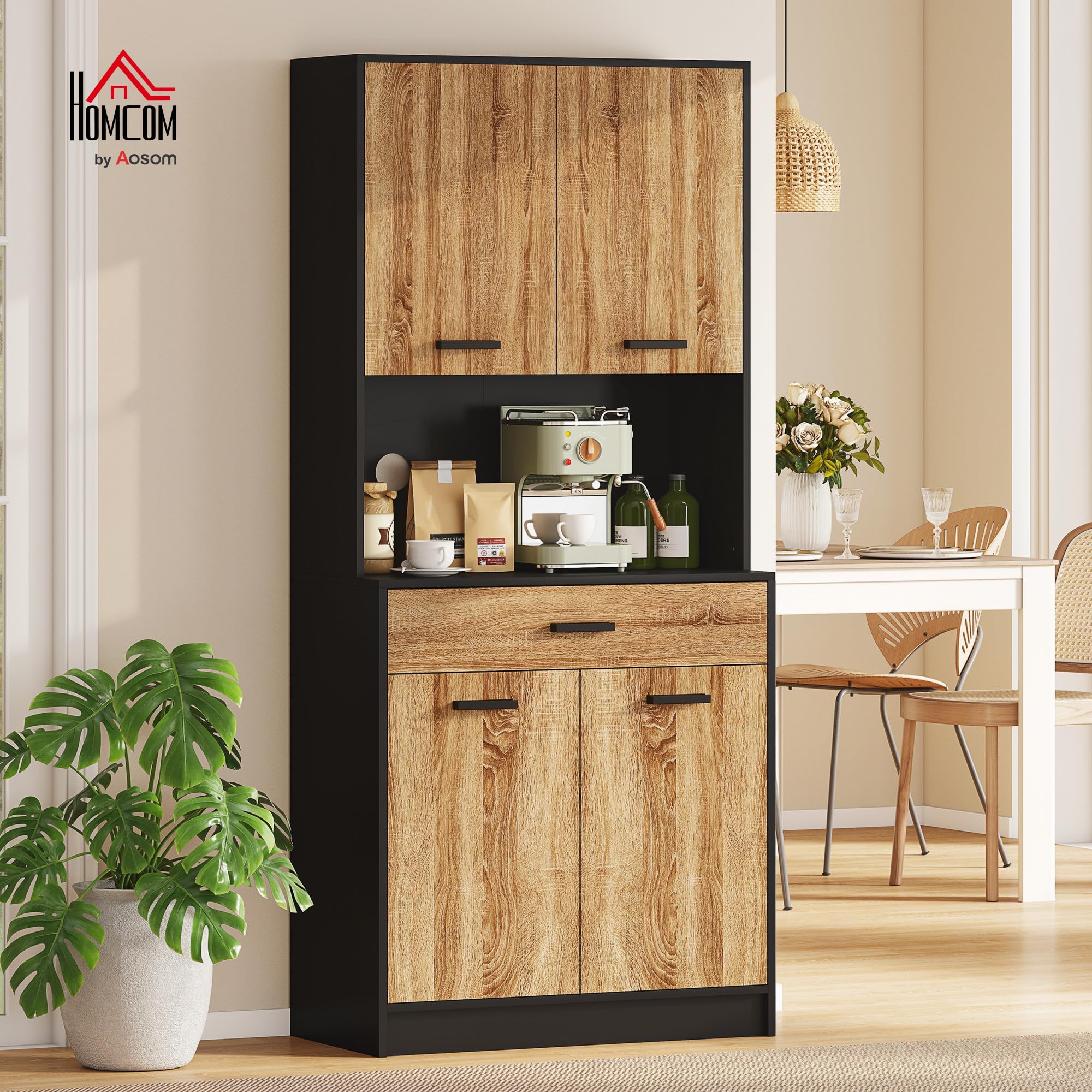 HOMCOM Armoire de Cuisine 4 Portes 1 Tiroir 80 x 40 x 180 cm Noir Naturel | Buffet de Cuisine, Meuble de Rangement, 2 Placards, Passe-Câbles, Design Industriel