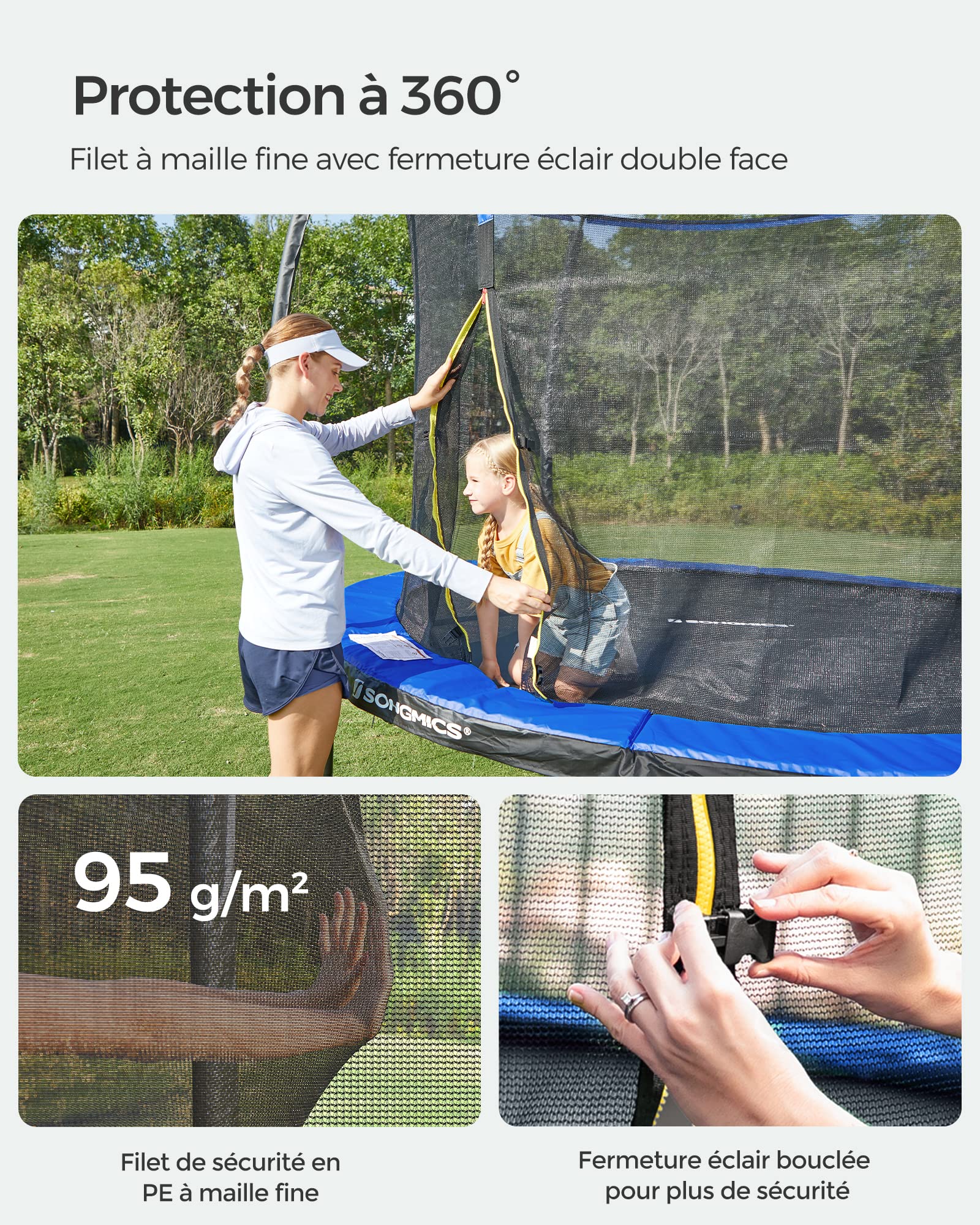 SONGMICS Trampoline Extérieur Enfant Diamètre 244/305/366/427 cm, Filet de Protection, Poteau Incurvé de 180 cm de Haut, Coussins de Sécurité, Échelle, Cadre en Acier
