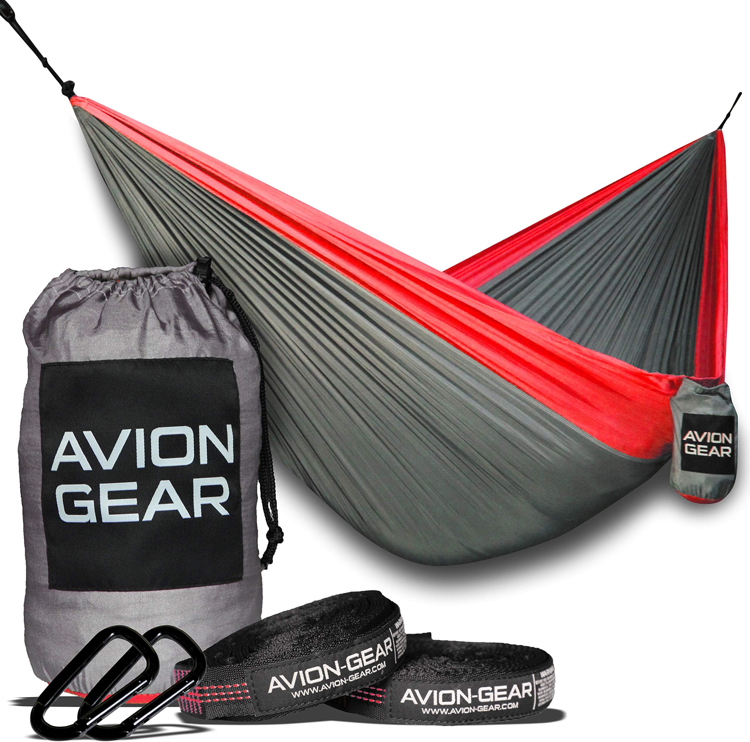 Double/Single Camping Hammock & Tree Strap Set - Portable, Comfortable & Lightweight Nylon Parachute Hammock for Outdoor Travel & Backpacking Complete Kit (Red)