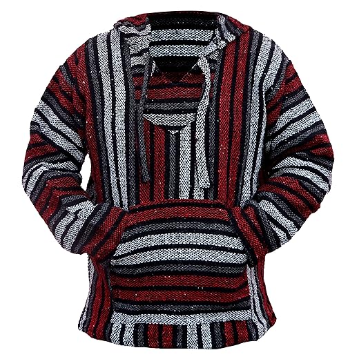 Mexican Baja Hoodie Hippie Surf Poncho Sweater Sweatshirt Pullover Jerga (XX-large, Red/Gray)