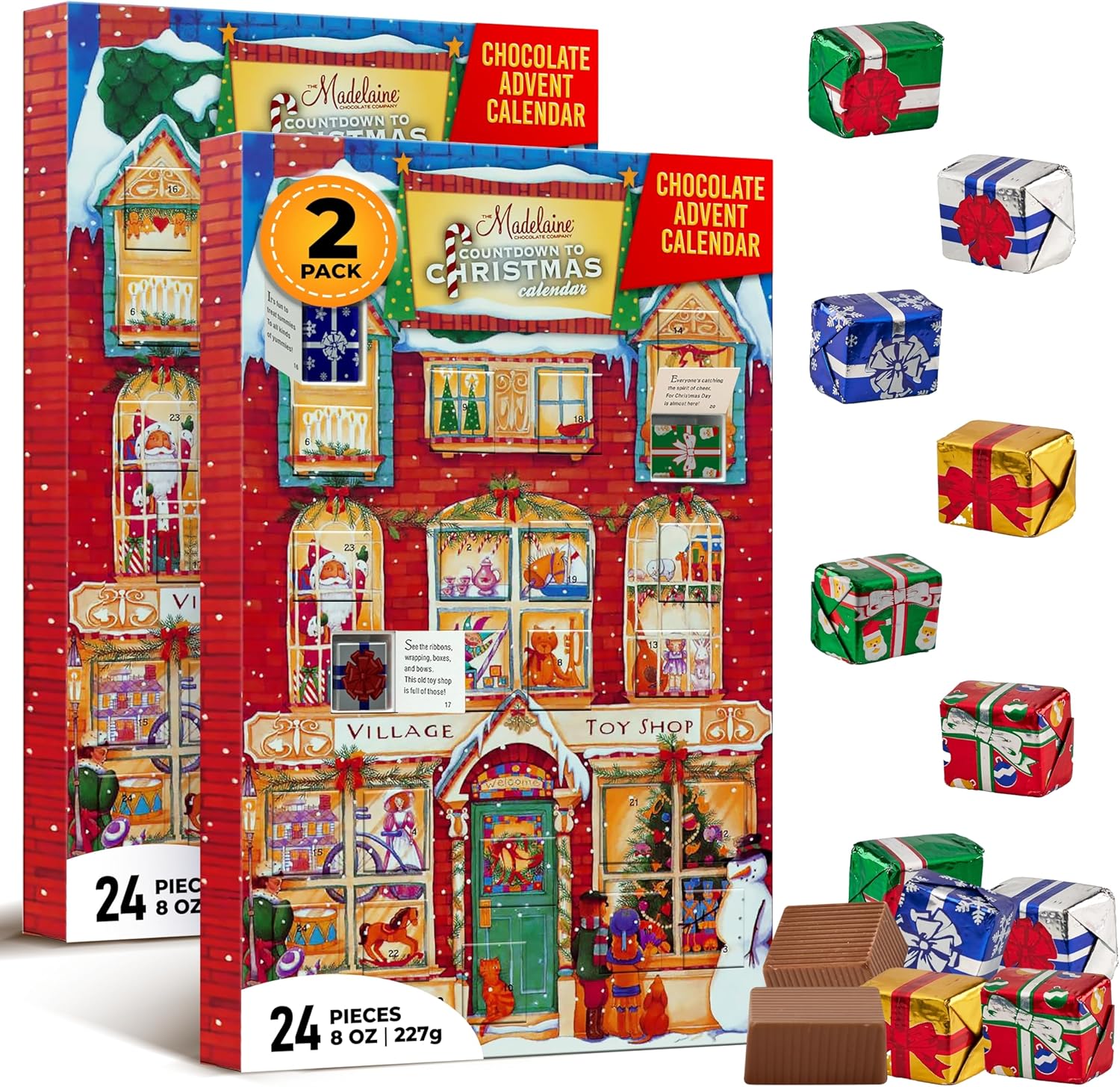 Madelaine 2025 Christmas Advent Calendar – Chocolate & Candy Christmas Countdown for Kids, Women, Men, Teen Girls & Boys - Holiday Treats Advent Calendars - Village Toy Shop - 2 Pack of 8 Oz