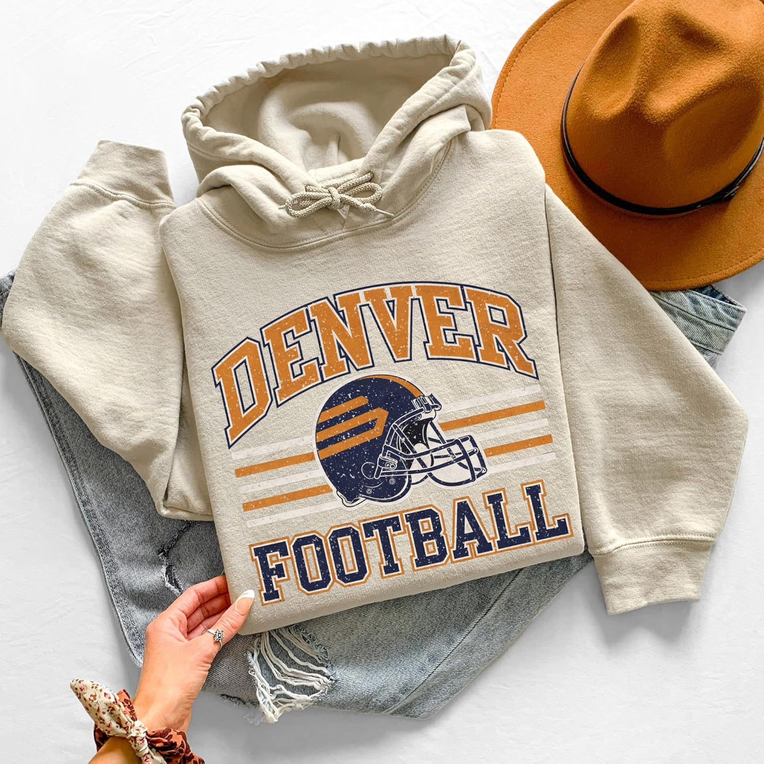 Distressed Denver Football Crewneck Hoodie – Retro Vintage Style Cozy Game Day Pullover Top for Women