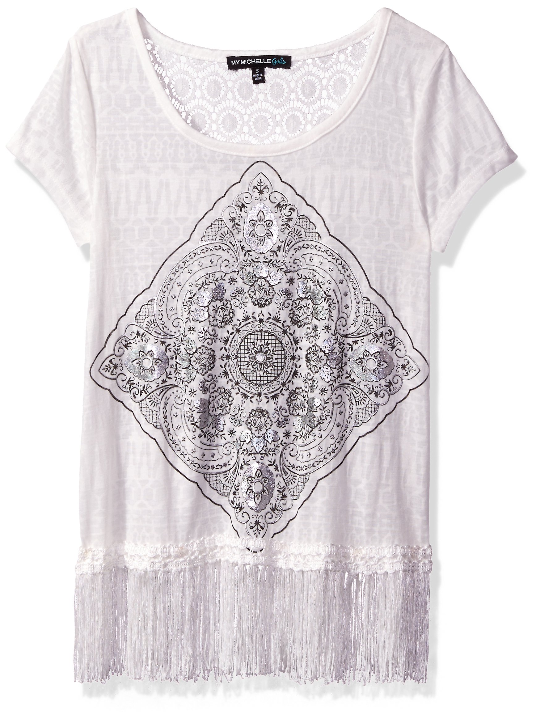 My MichelleGirls' Big Lace Tee Shirt with Fringe Hem and Printed Graphic