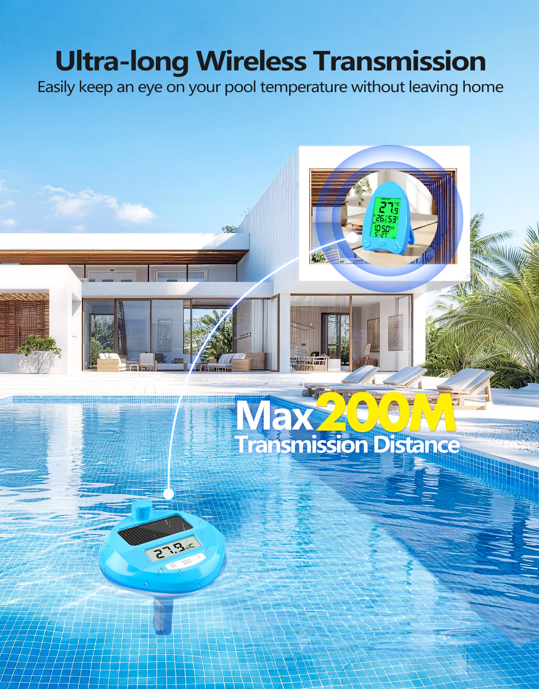 DeeprBlu 2026 Pool Thermometer Funk Solar, Poolthermometer Schwimmend mit Dynamische LED-Lichtshow & Duale Hintergrundbeleuchtung, 200 Meter Kabellose Übertragung, Poolthermometer Digital Funk für Spa