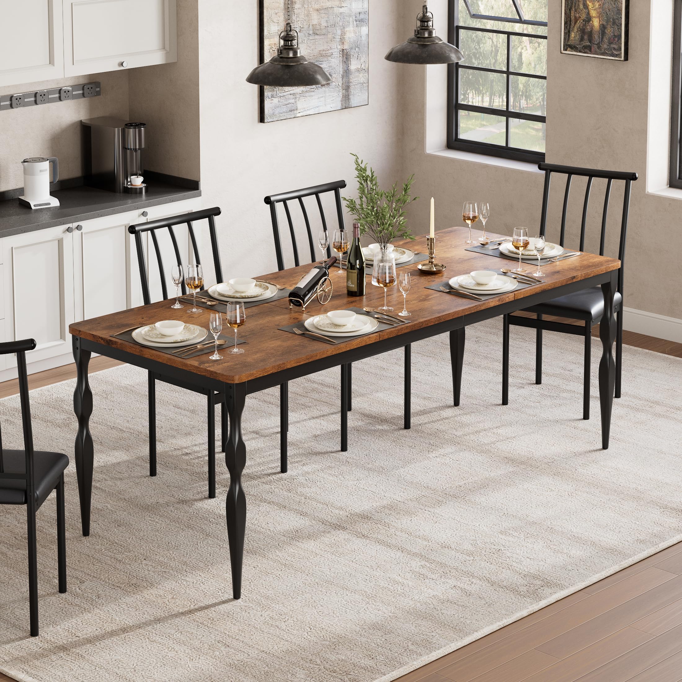 Zstar Mesa De Comedor Industrial para 6 Personas, Mesa Larga De Madera con Diseño De Mortaja y Espiga, Mesa De Cocina con Patas De Metal Resistentes, para Comedor, Oficina, Sala De Estar.