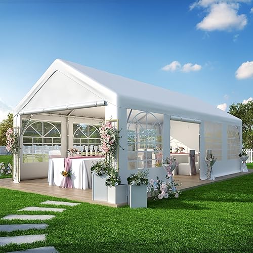 Miniatura 11 de GARTOO Tienda de campaña resistente de 20 x 20 pies – Toldo de refugio para eventos de boda al aire libre con pared lateral extraíble y 4 bolsas