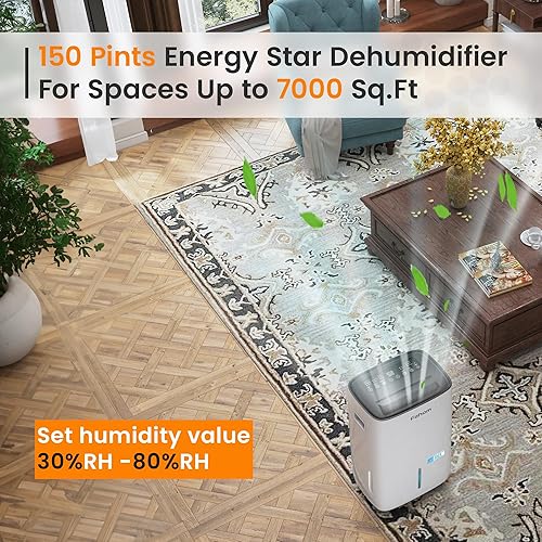 Miniatura 3 de Deshumidificador de 150 pintas más eficiente Energy Star - Deshumidificador de 7,000 pies cuadrados para sótano con manguera de drenaje y tanque de