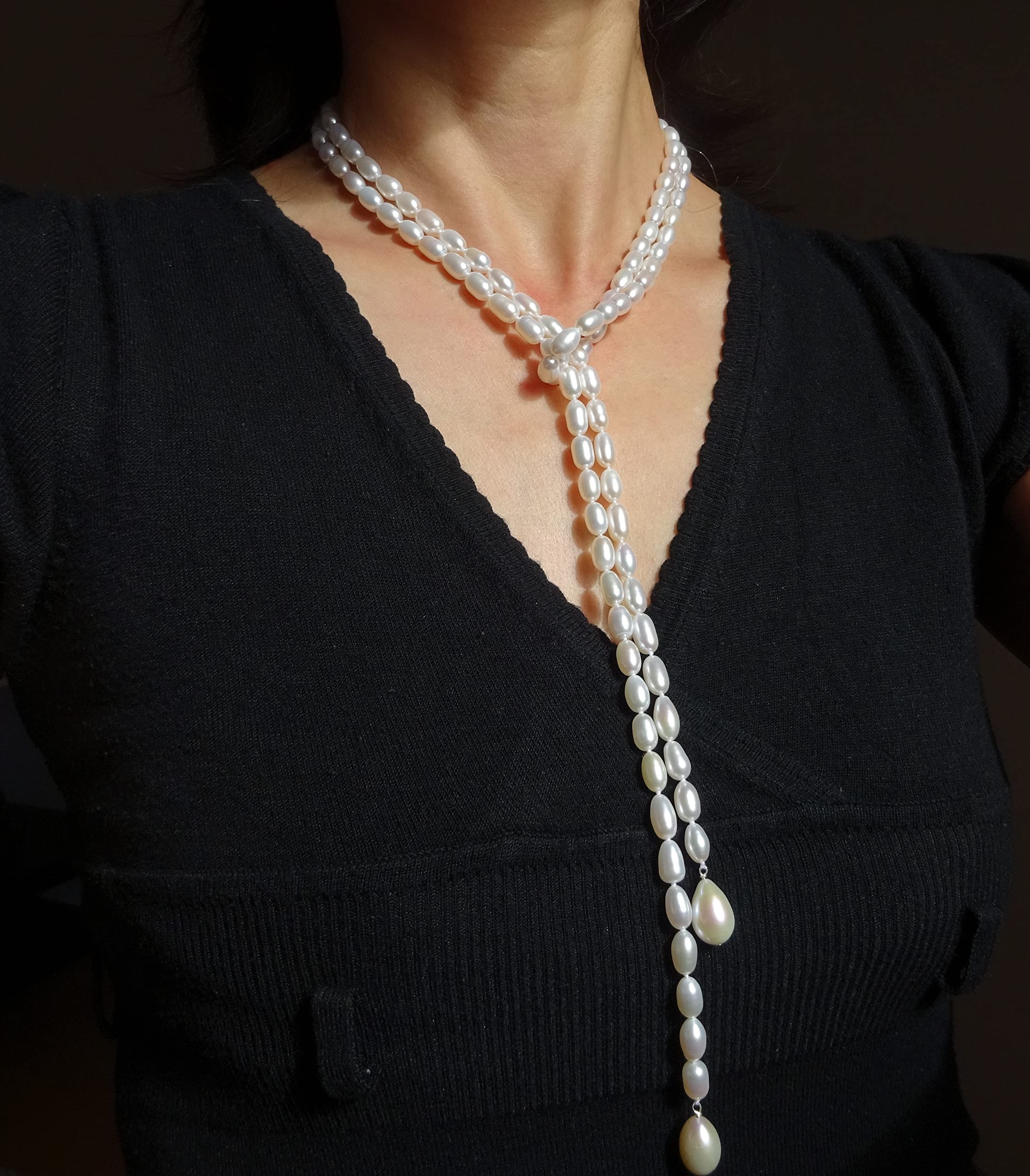 Sautoir perles de culture, collier écharpe Longueur 129Cm, perle d'eau douce de culture, perle forme allongée, couleur blanche
