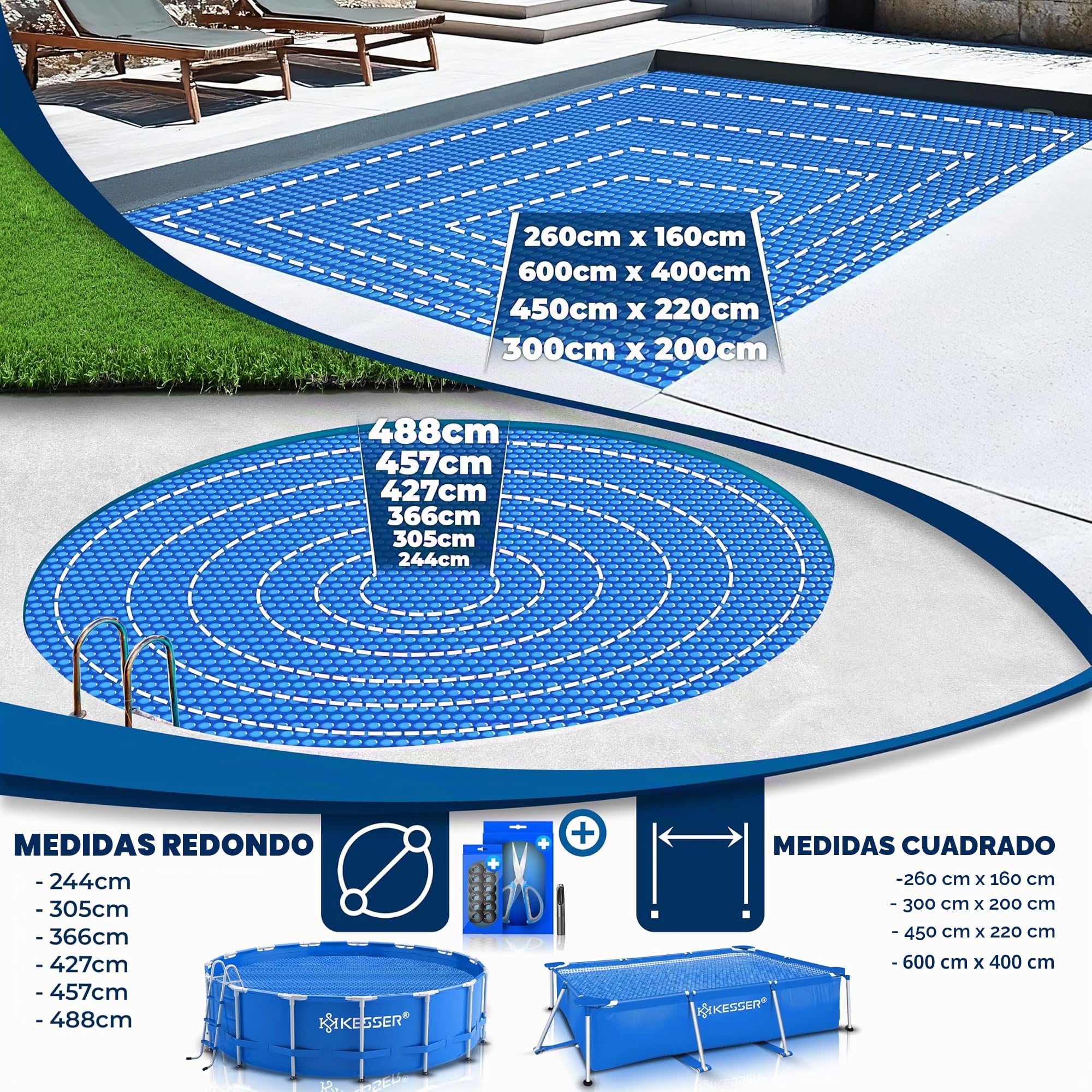 KESSER® Lona solar para piscina de 400 µm, lona solar rectangular de 600 x 400 cm, cubierta solar flexible que se puede cortar, lona para piscina para calentar el agua, cubierta solar con tijeras