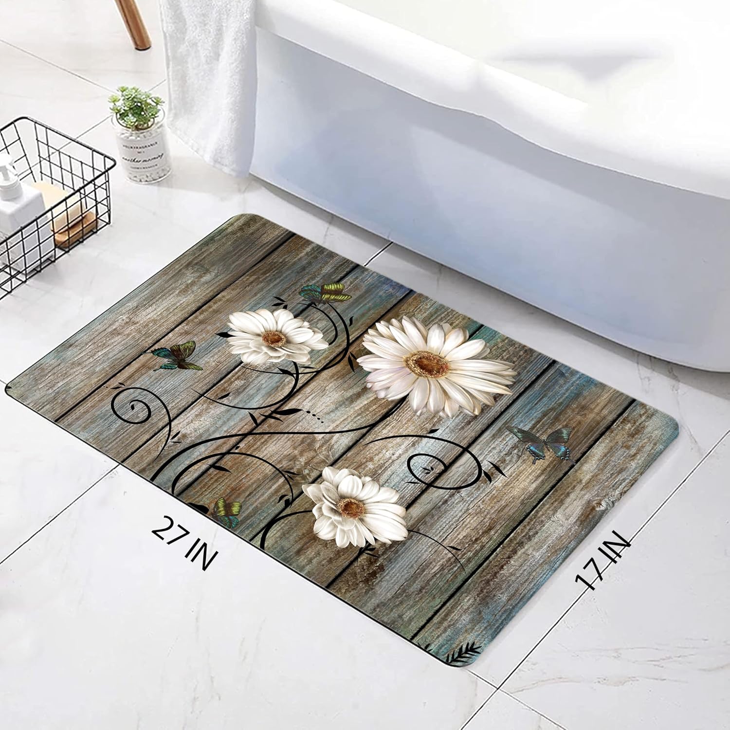 Miffrank Rustic Daisy Bathroom Rugs Grey Floral Butterfly Bath Mat, Farmhouse Absorption Non-Slip Floor Mat, Daisy Bathroom Bedroom Decor(Rectangle,27×17 inch)