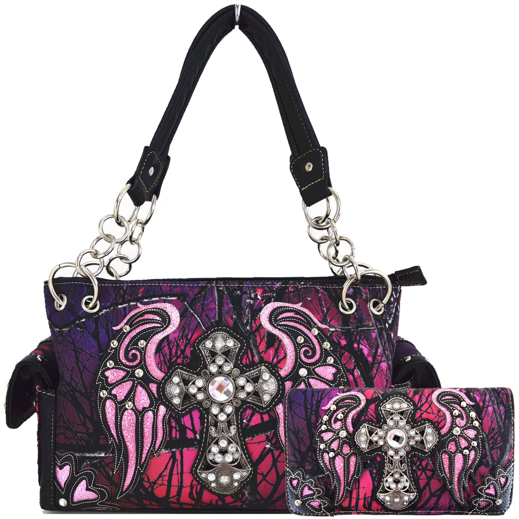 WESTERN ORIGINCamouflage Rhinestone Cross Laser Cut Shine Glow Wings Western Style Purse Country Handbag Women Shoulder Bag Wallet Set