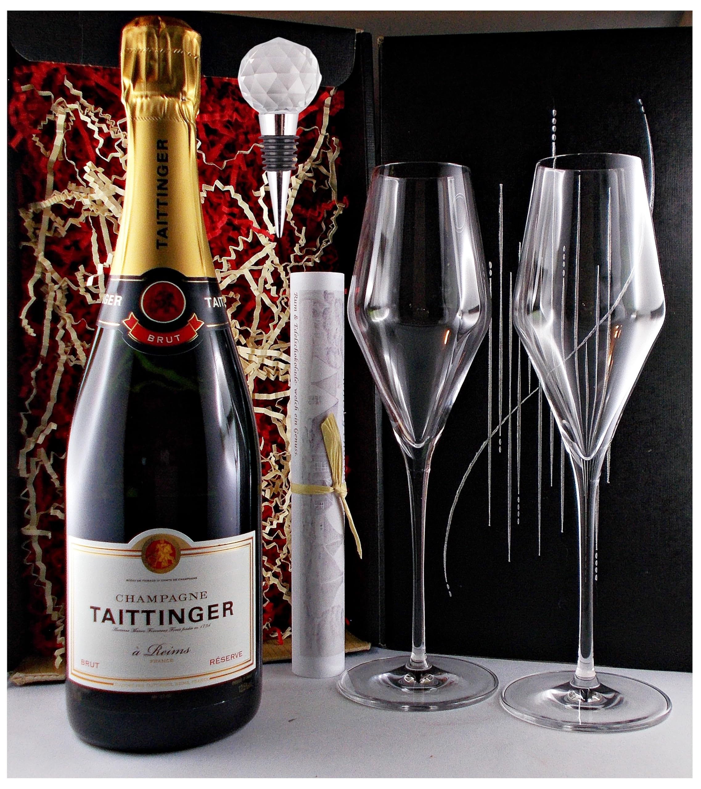 Taittinger Brut Champagner + Flaschenverschluß + 2 Champagnergläser im Geschenk Karton Geschenkset Frauengeschenke Männergeschenke Schaumwein