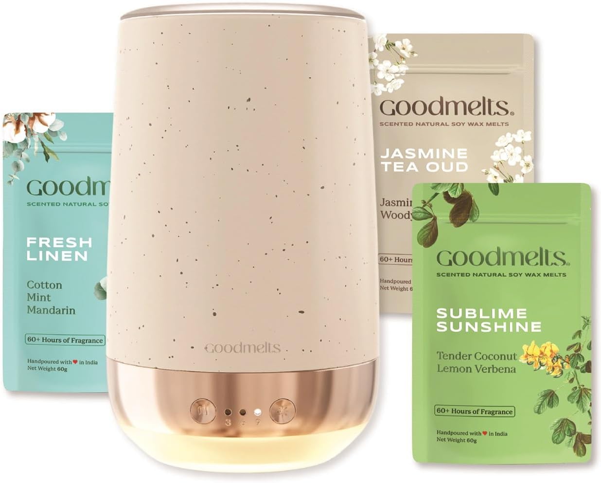 Speckled White Wax Melting Starter Kit - Ceramic Aroma Diffuser with 1 Wax Warmer & 3 Scented Soy Wax Melts (240+ Hours Scent Time) - Safe, Smoke-Free, Natural Fragrance for Home